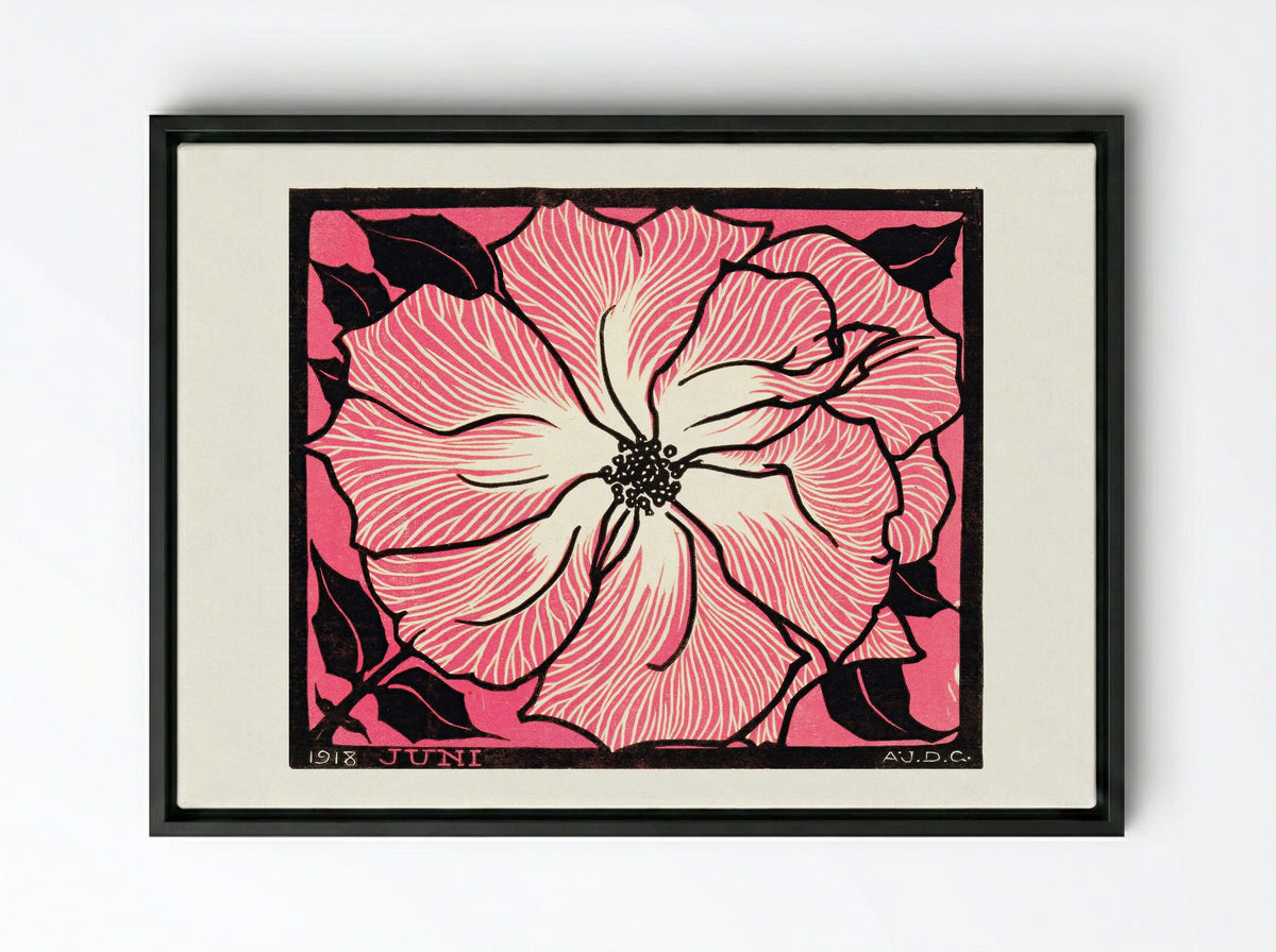 June (Floral Woodcut) - Julie de Graag - Framed Canvas Black