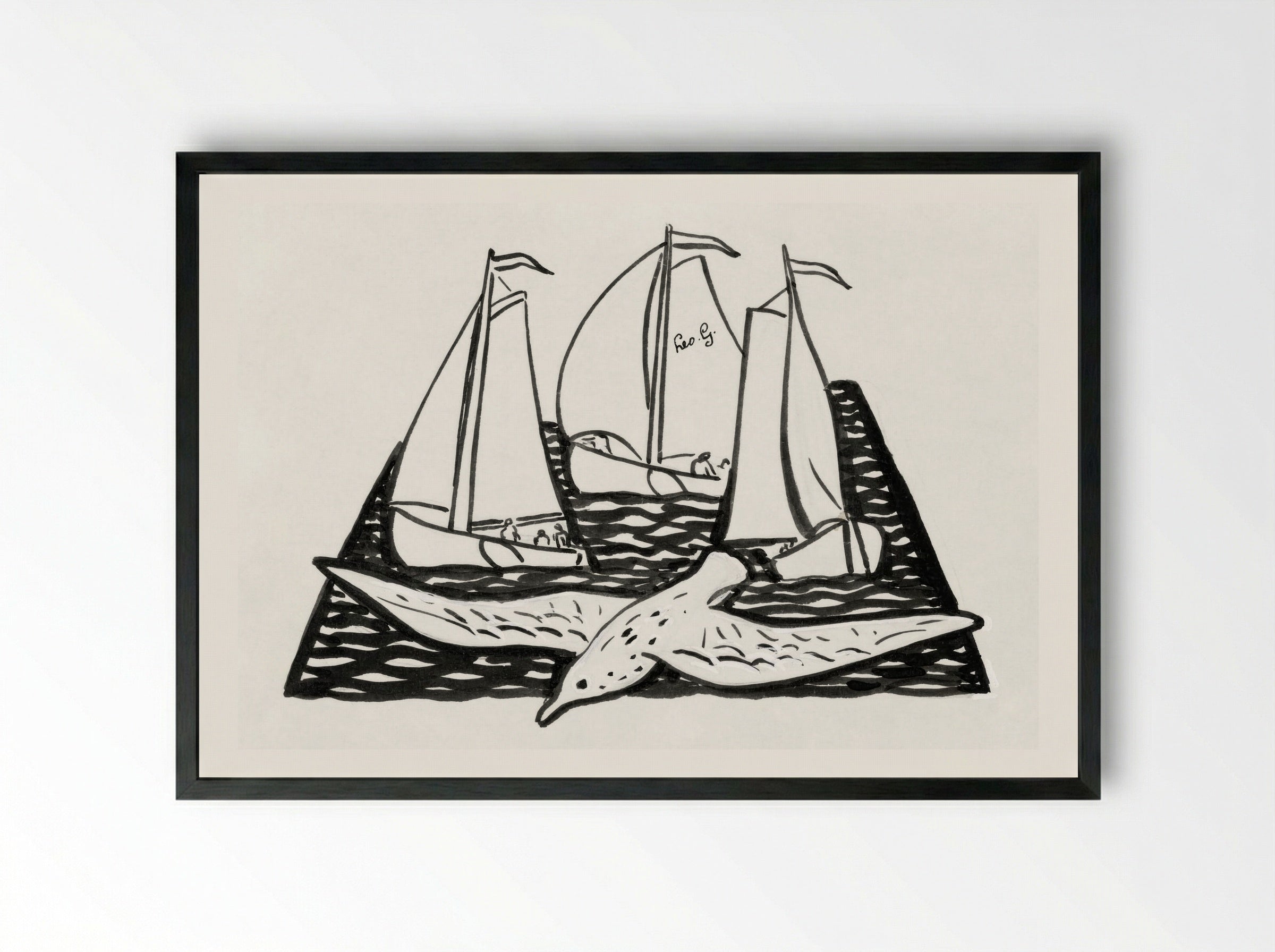 Three Sailing Ships and a Seagull - Leo Gestel - Framed Print Black