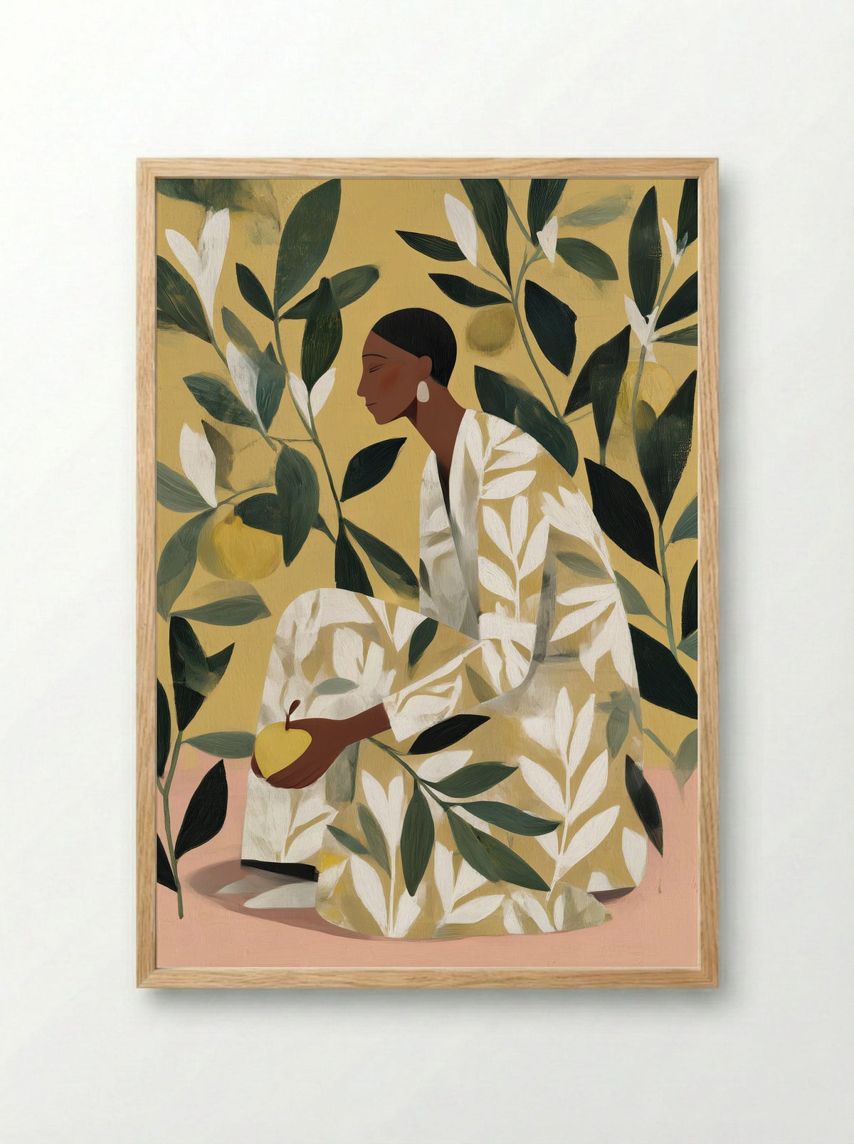 Striped Elegance Sitting Woman Abstract Print - Framed Print Wood