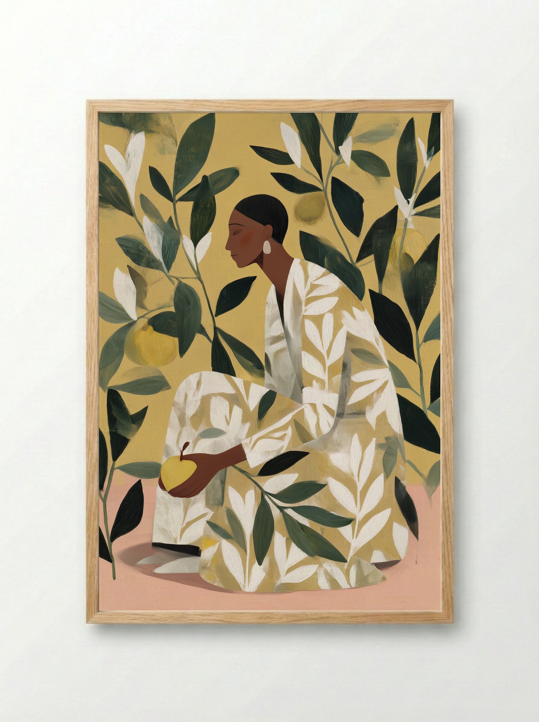 Striped Elegance Sitting Woman Abstract Print - Framed Print Wood
