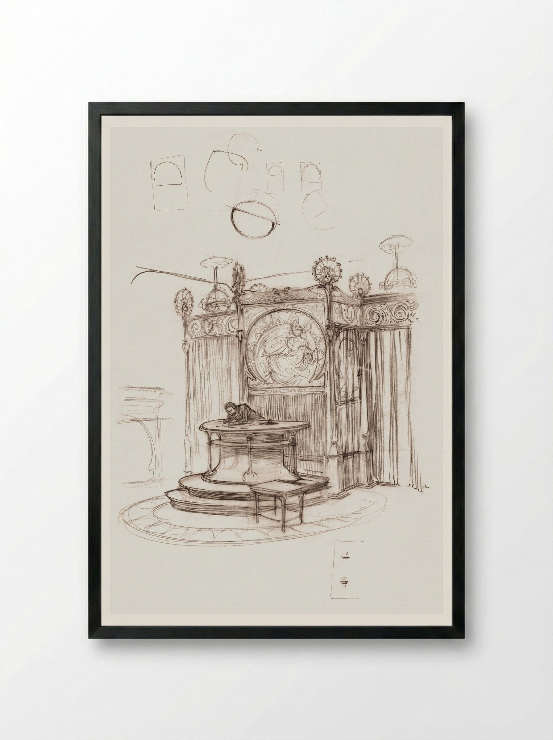 Sketch of an Office Interior - Alphonse Mucha - Framed Print Black