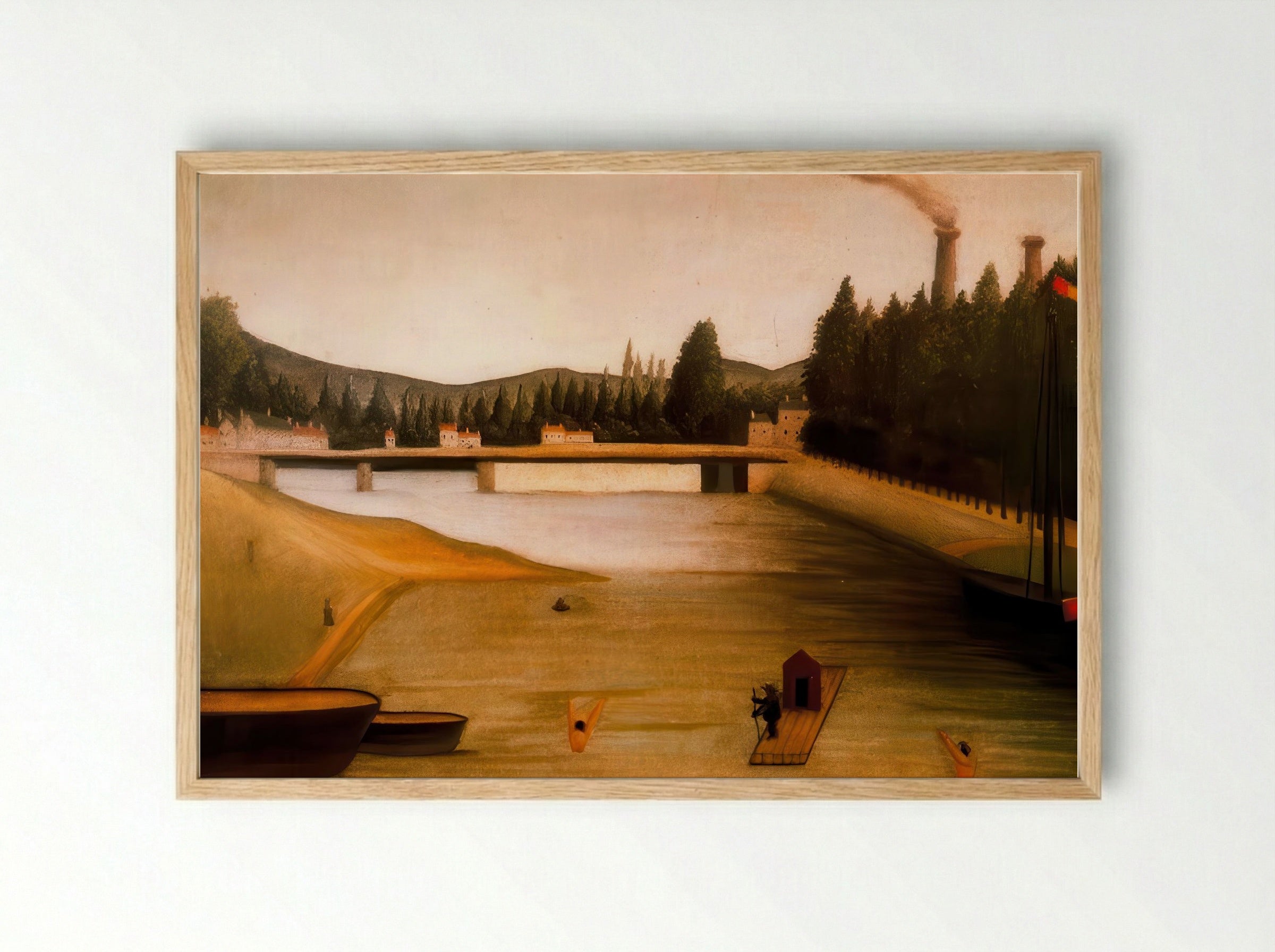 Bathing at Alfortville by Henri Rousseau – Naïve Art Riverside Scene Print - Framed Print Wood