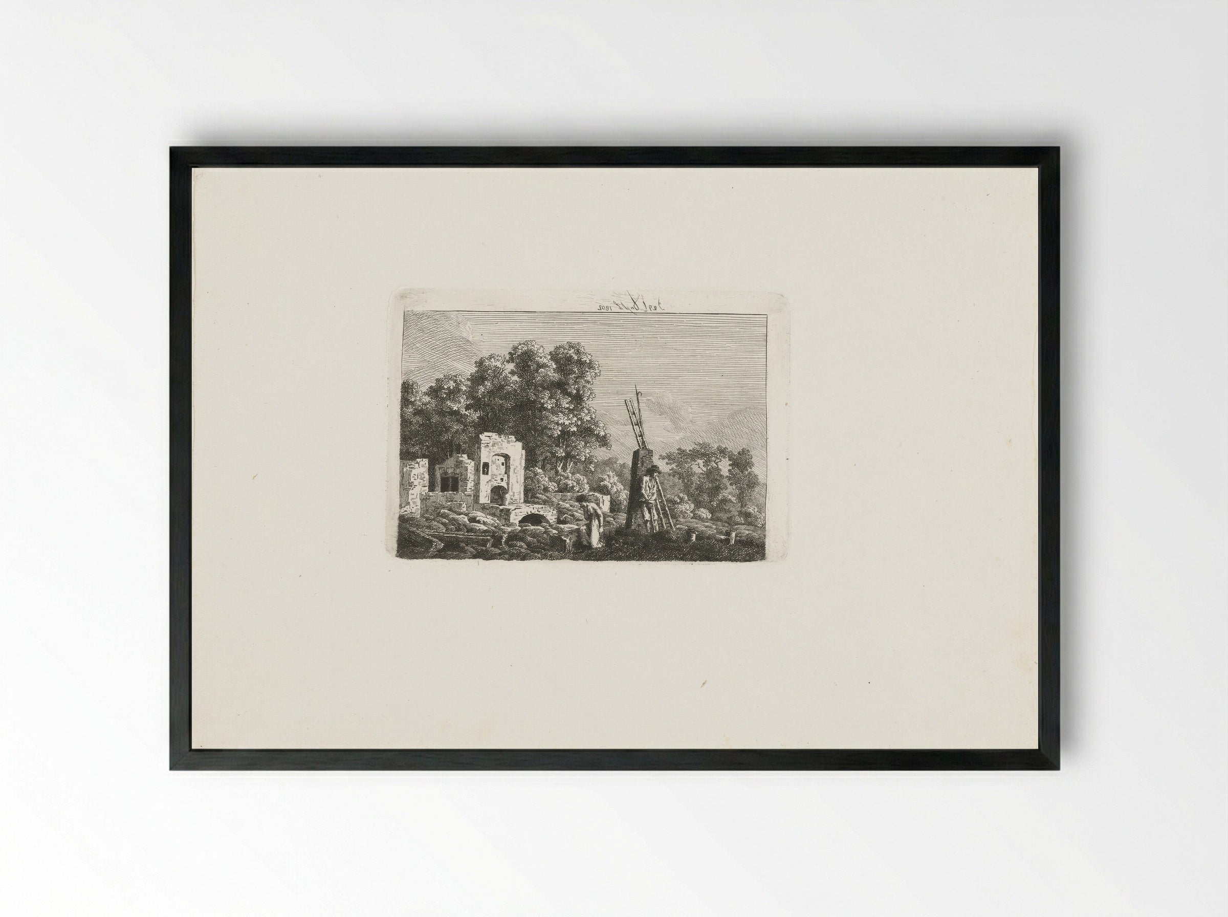 Man and Woman Contemplating the Remains of Their Burnt-Down House - Caspar David Friedrich - Framed Print Black