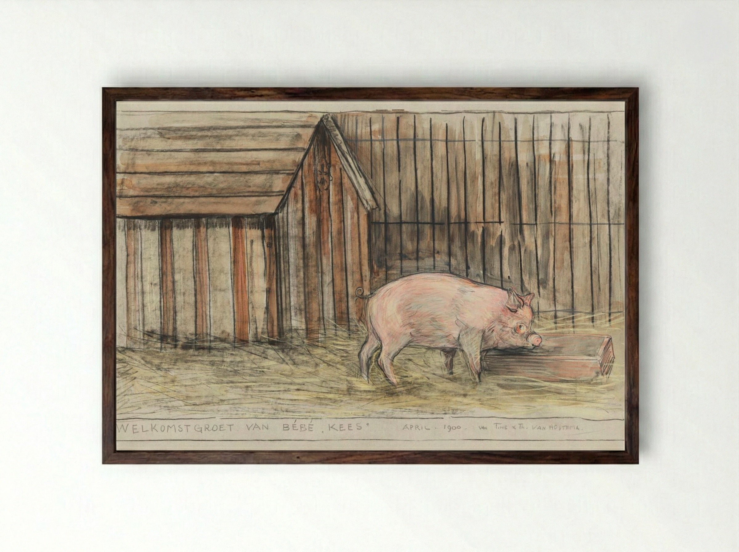 Varken Voor zijn kot bij een trog (Pig Before its Pen by a Trough) - Theo van Hoytema - Framed Print Dark Wood