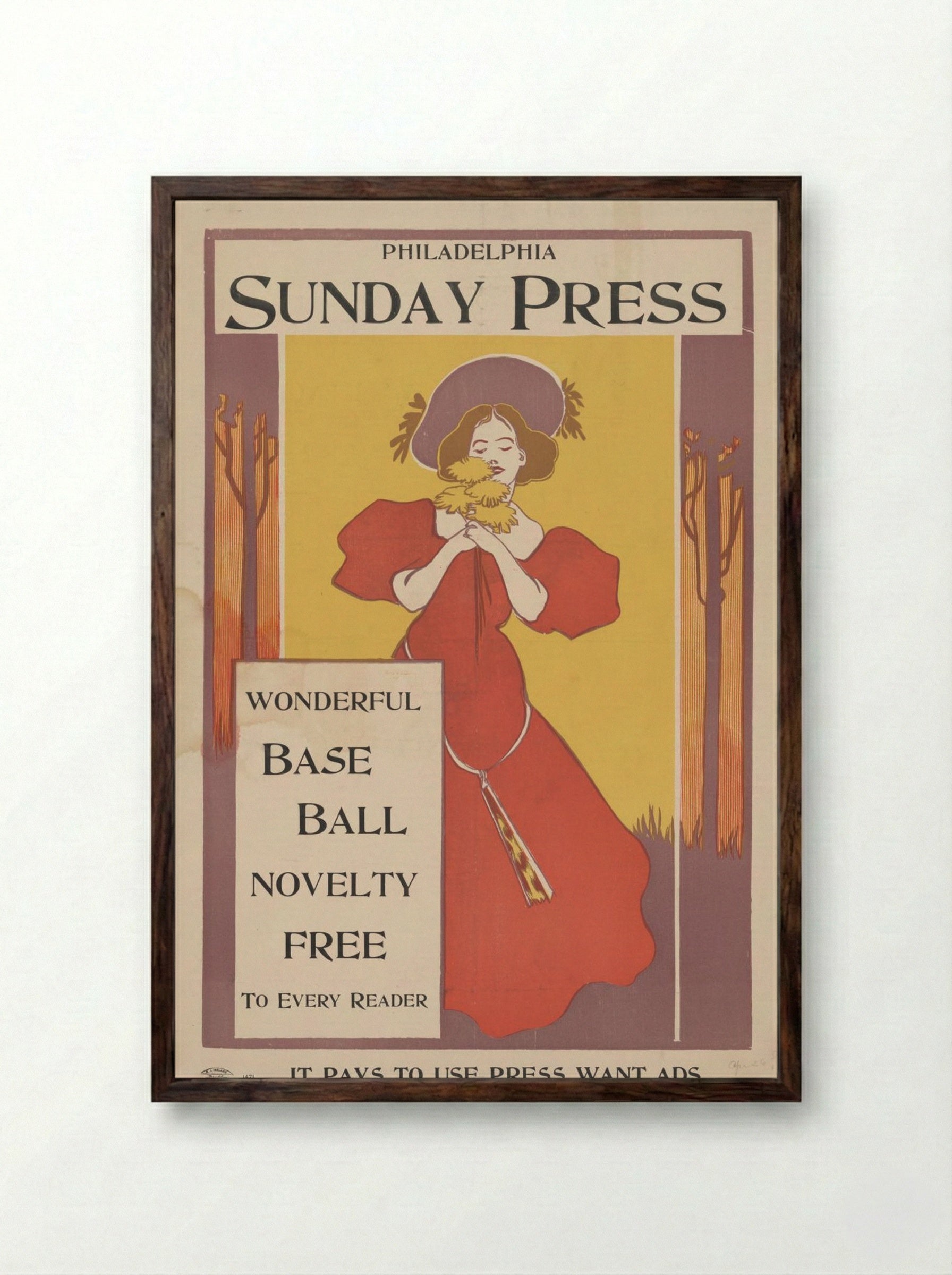 Philadelphia Sunday Press Baseball Novelty Advertisement - Fine Art Print - Framed Print Dark Wood