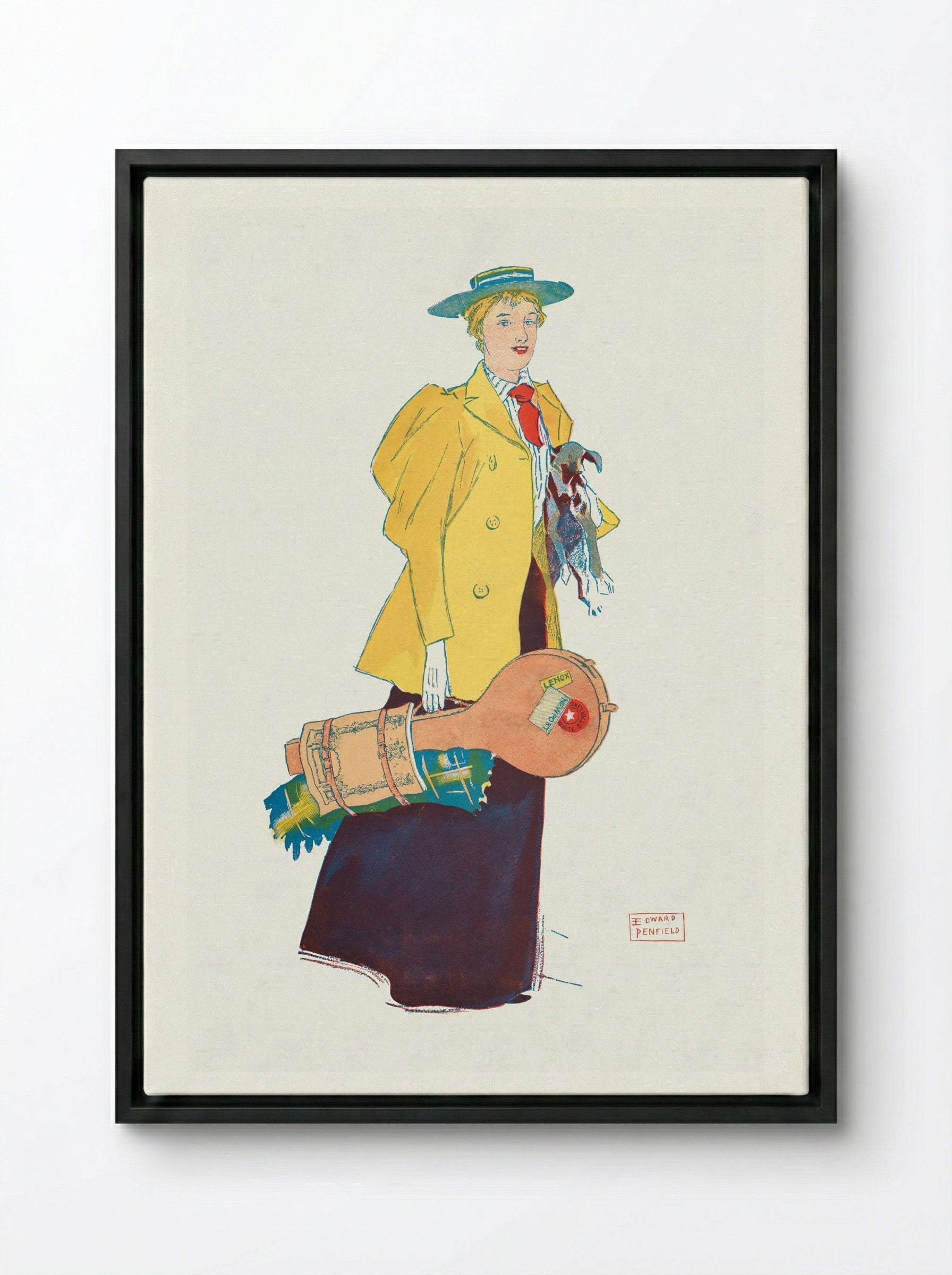 Woman Holding Dog and Luggage - Edward Penfield - Framed Canvas Black