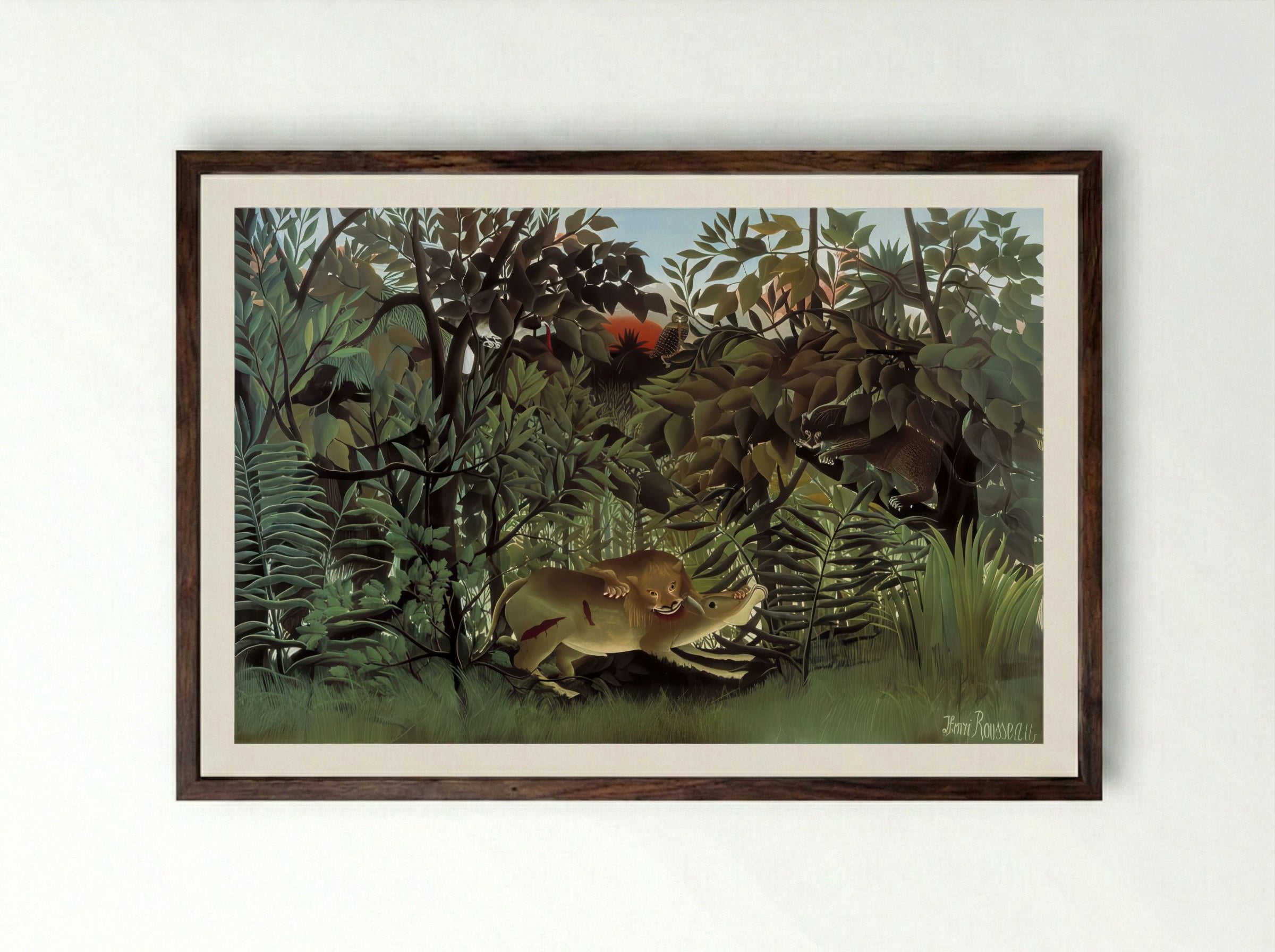 The Hungry Lion Throws Itself on the Antelope by Henri Rousseau – Naïve Art Jungle - Framed Print Dark Wood