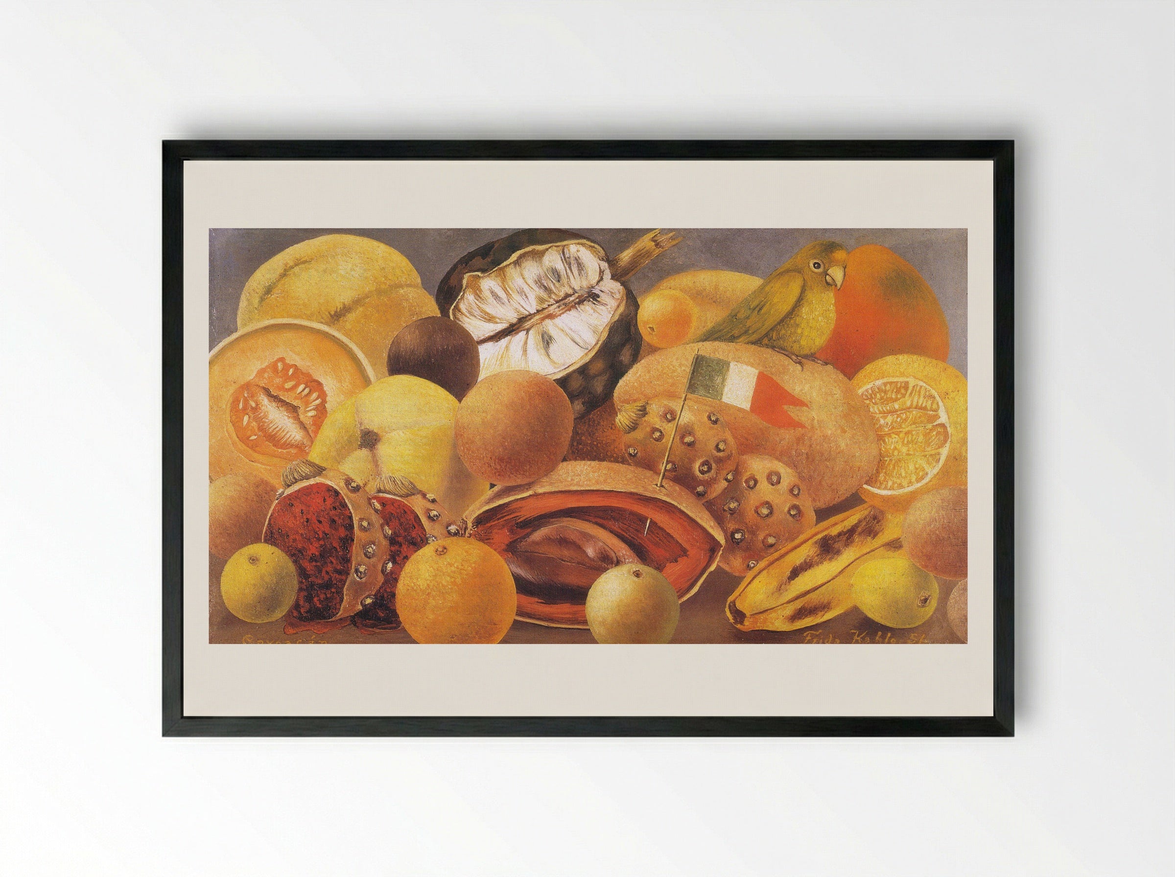 Still Life with Parrot and Flag - Frida Kahlo - Framed Print Black