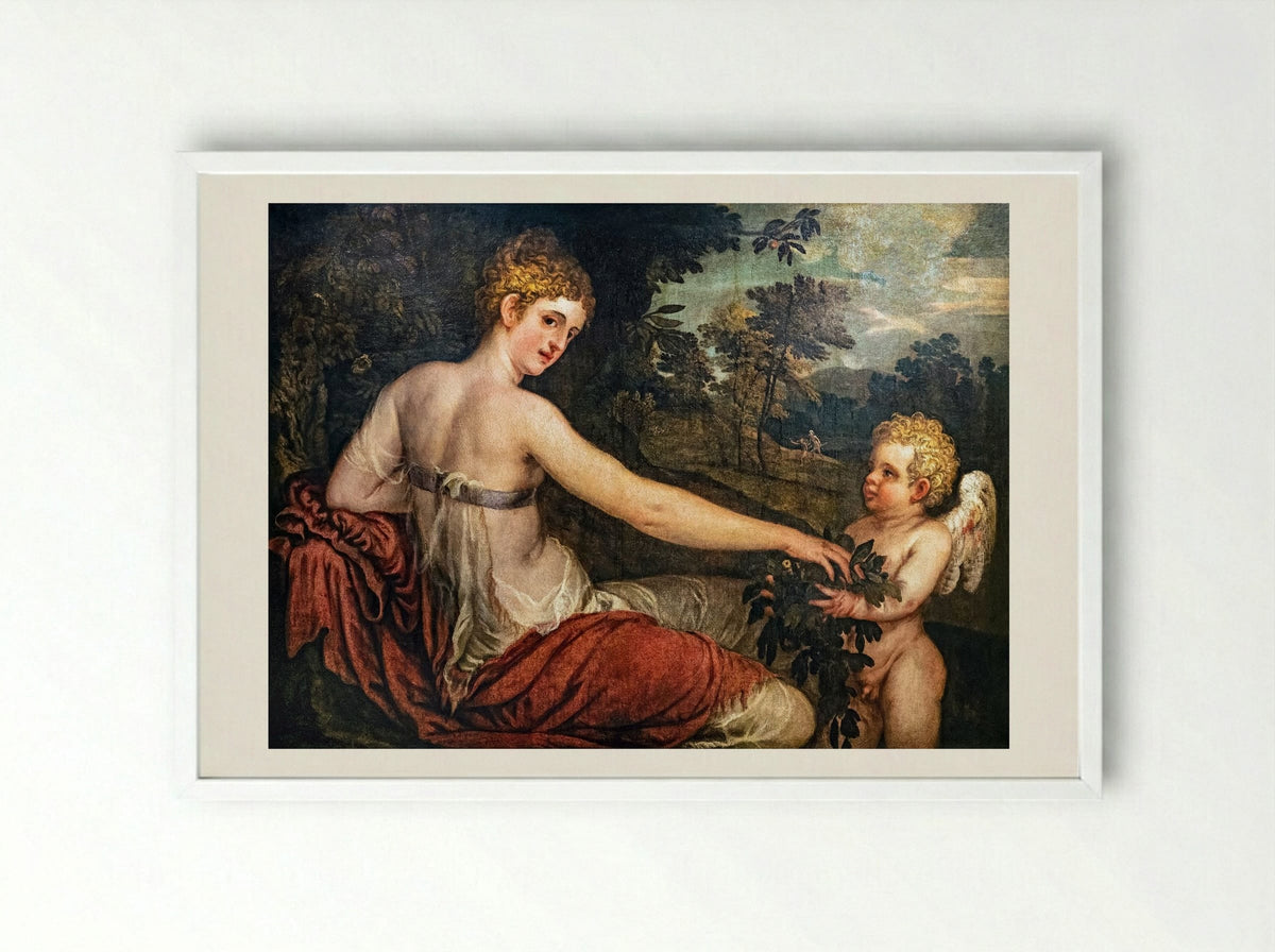 Flora with Cupid in a Landscape - Lambert Sustris - Framed Print White
