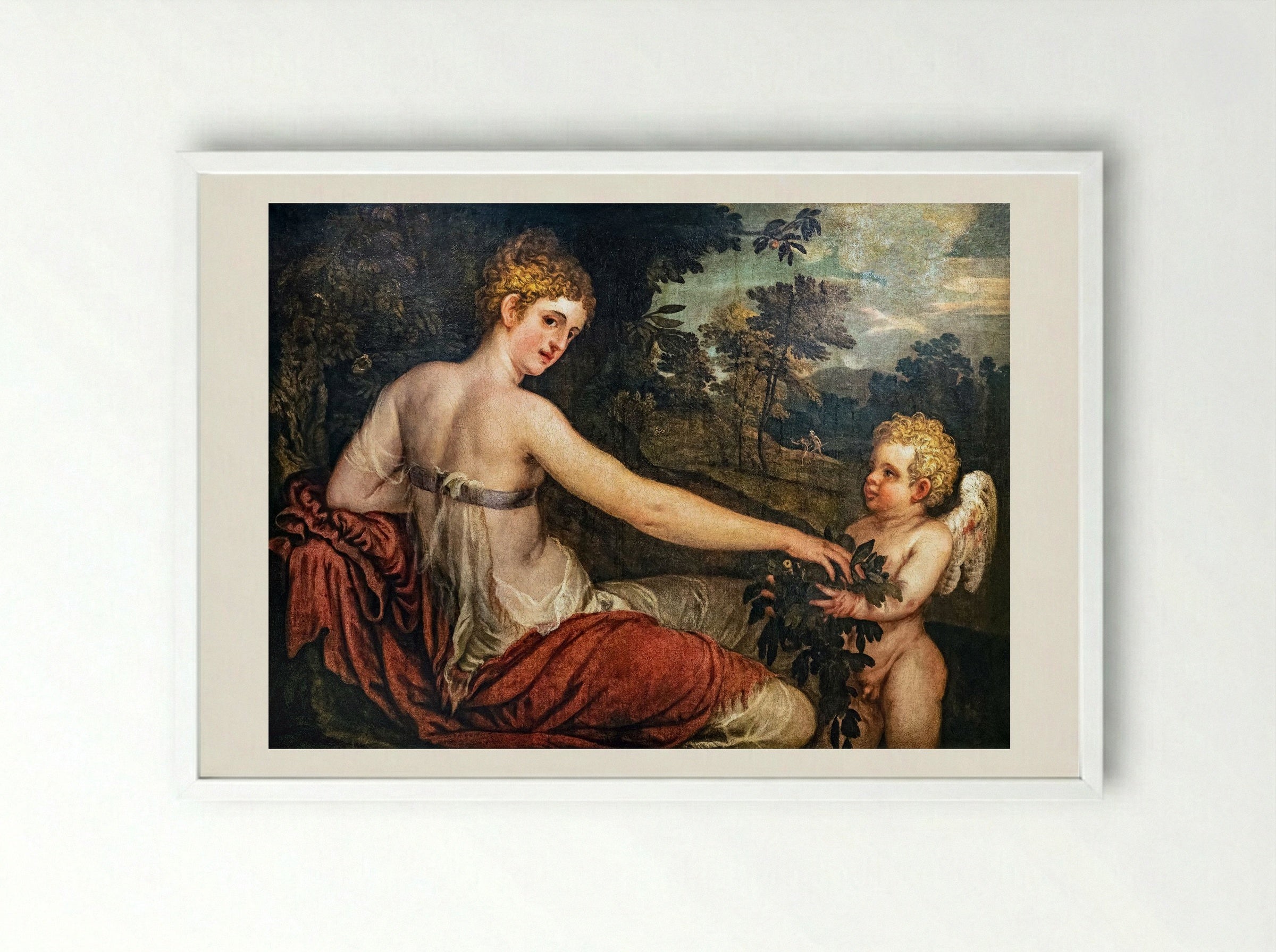 Flora with Cupid in a Landscape - Lambert Sustris - Framed Print White