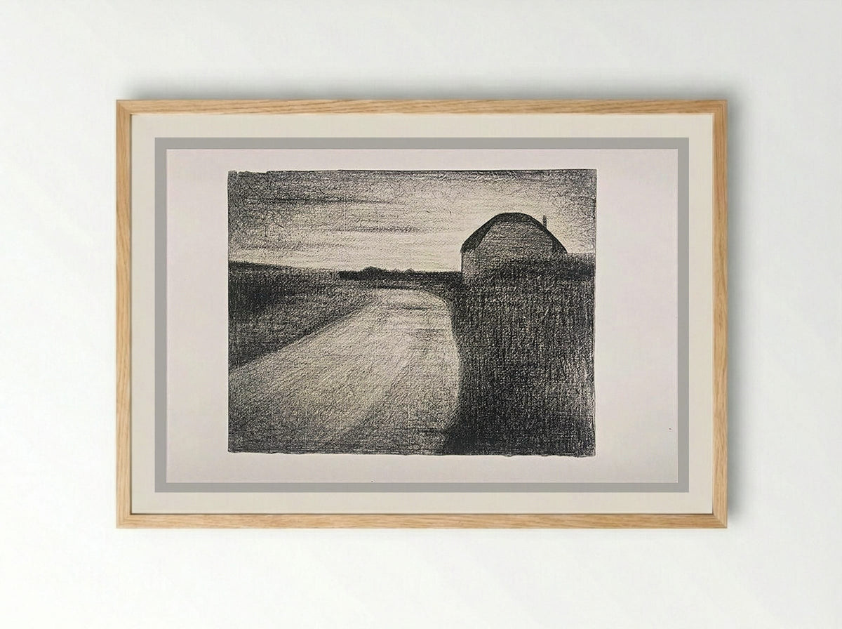 Untitled (Road and Farmhouse, Graphite on Paper) - Fine Art Print - Framed Print Wood