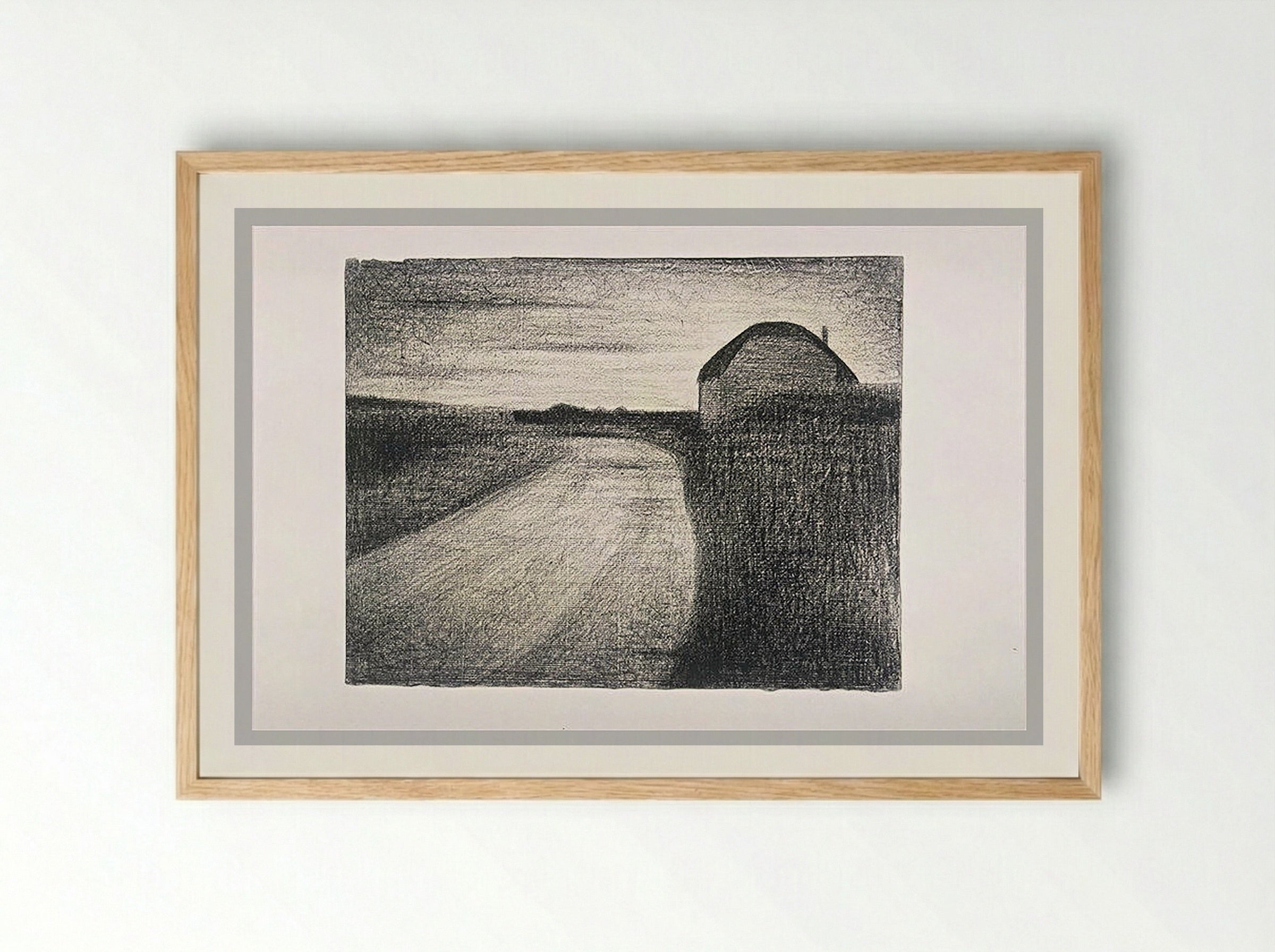 Untitled (Road and Farmhouse, Graphite on Paper) - Fine Art Print - Framed Print Wood