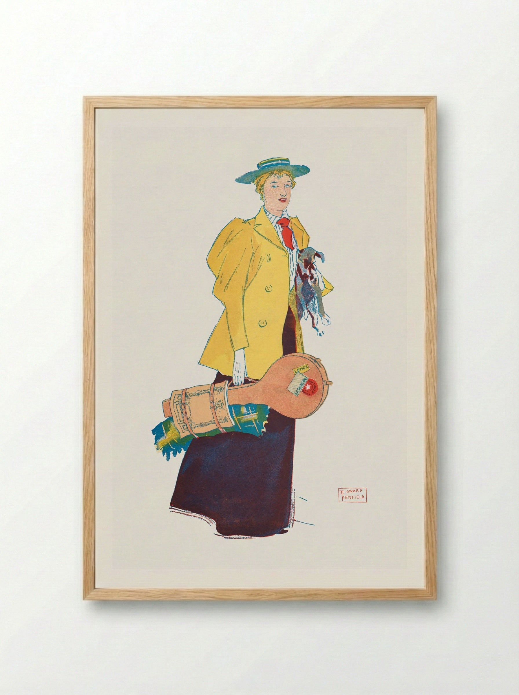 Woman Holding Dog and Luggage - Edward Penfield - Framed Print Wood