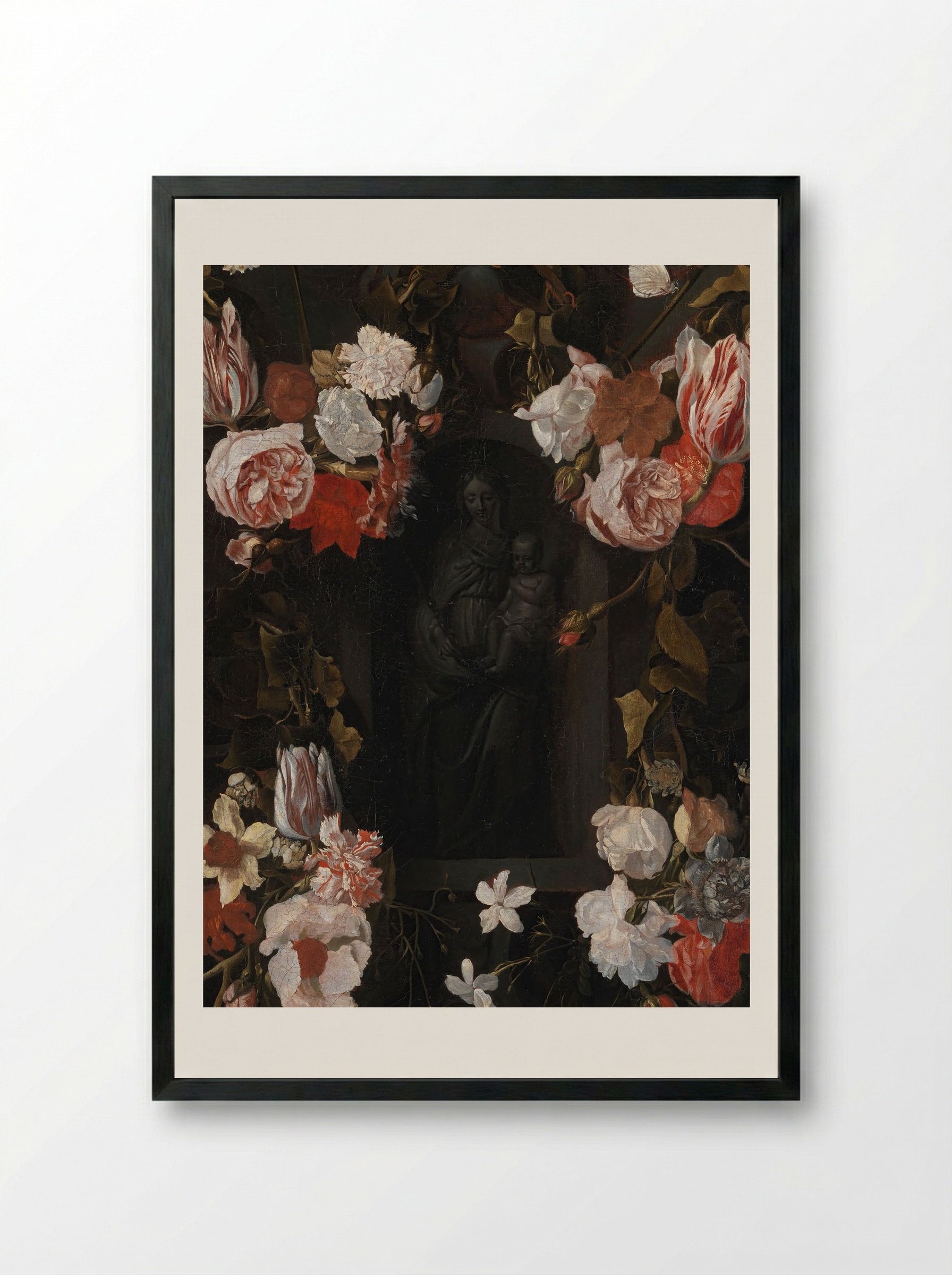 A Flower-Wreathed Niche with a Stone Figure of the Madonna - Fine Art Print - Framed Print Black