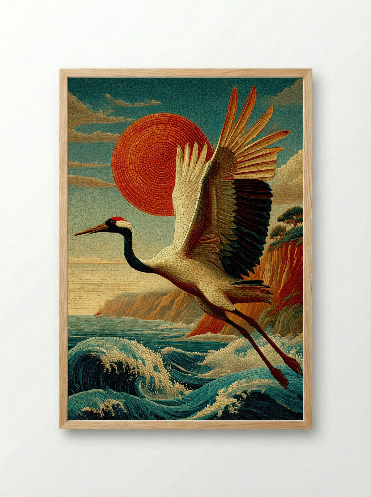 Crane Over Crimson Sun – Japanese Mosaic Print - Framed Print Wood