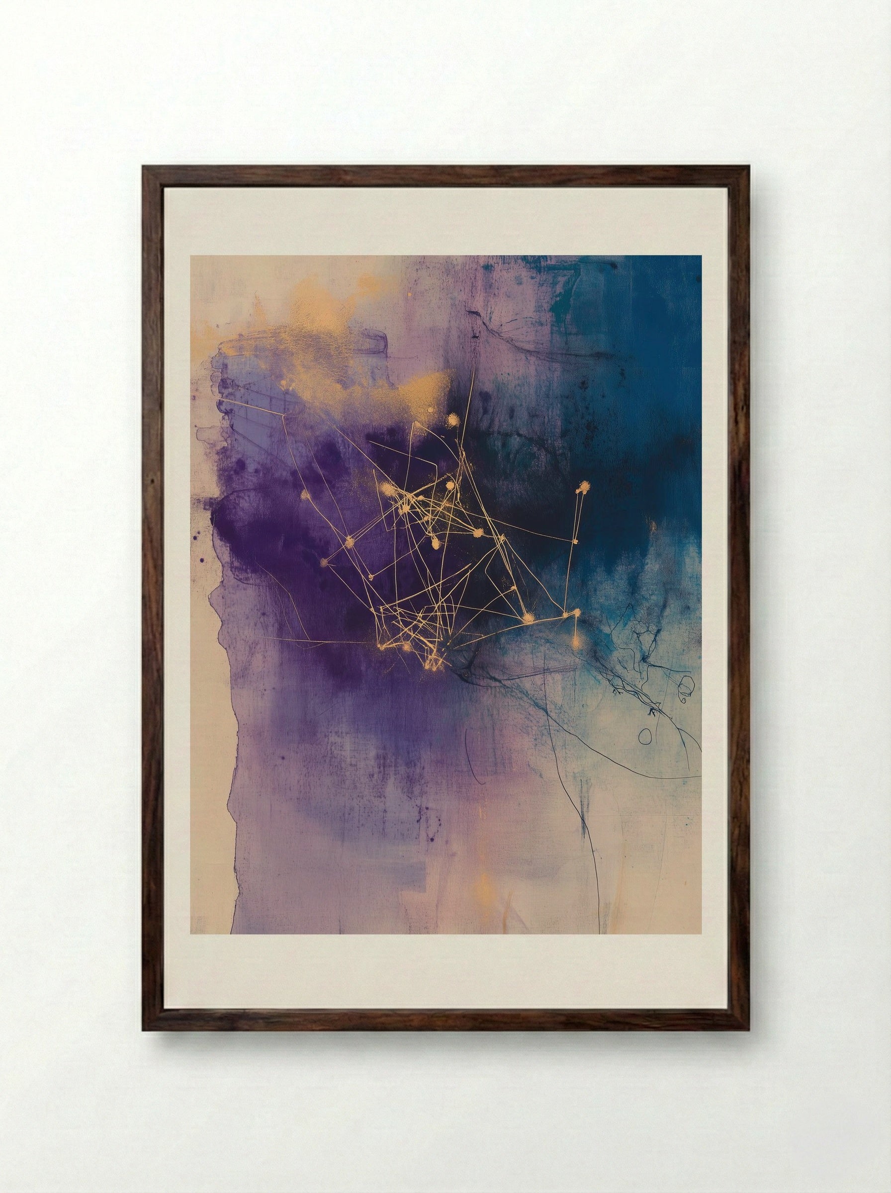 Celestial Threads – Abstract Cosmic Network in Gold and Violet - Framed Print Dark Wood