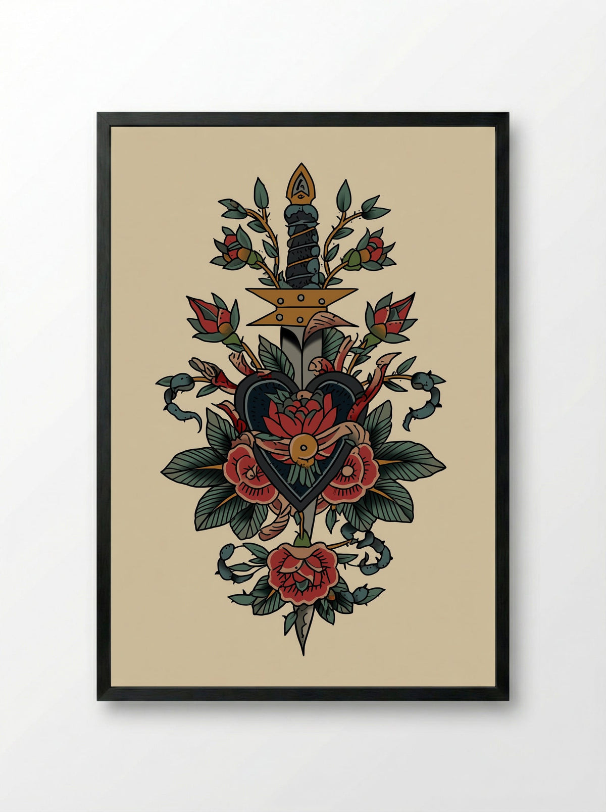 Sacred Heart and Dagger - Neo Traditional Tattoo Print - Framed Print Black