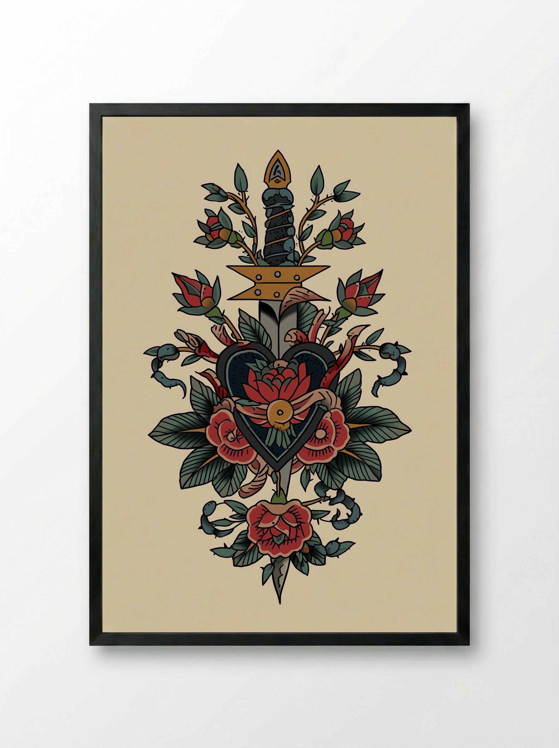 Sacred Heart and Dagger - Neo Traditional Tattoo Print - Framed Print Black
