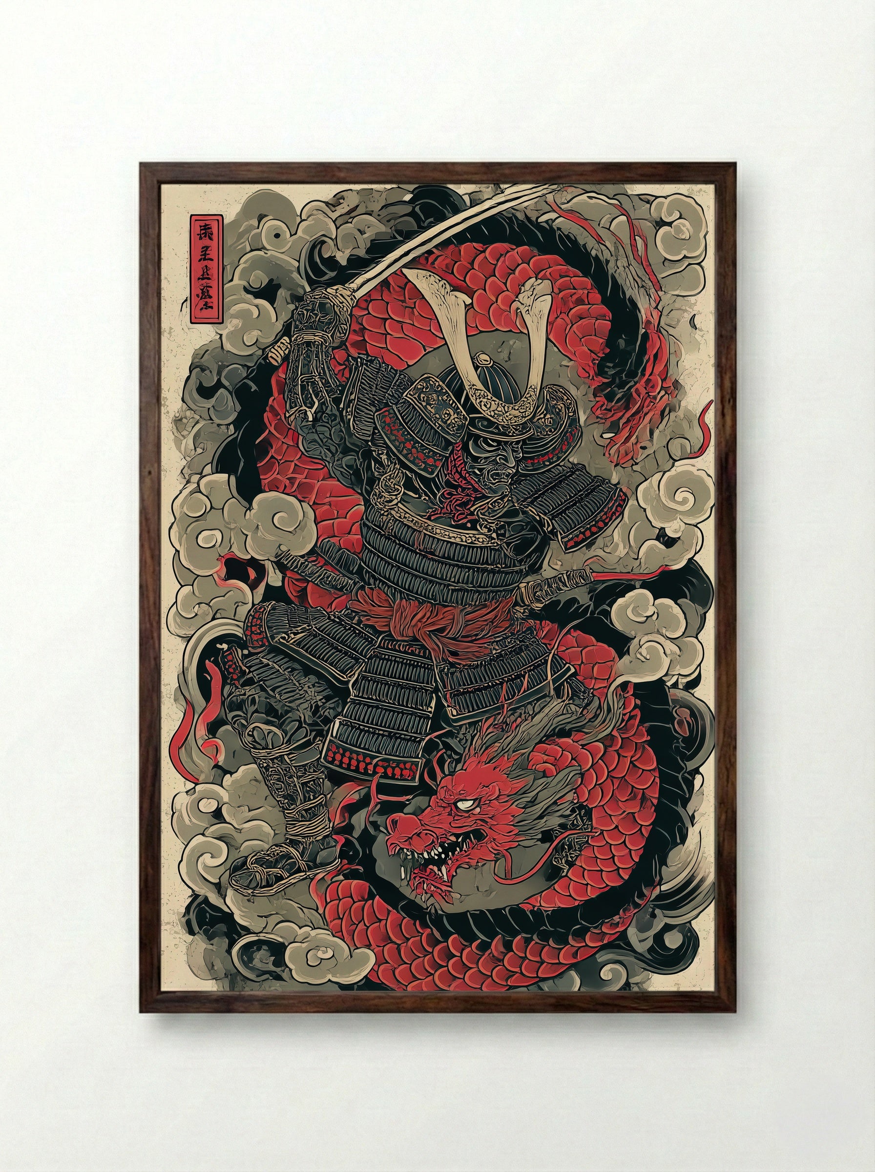 Samurai and Dragon - Japanese Warrior Art Print - Framed Print Dark Wood