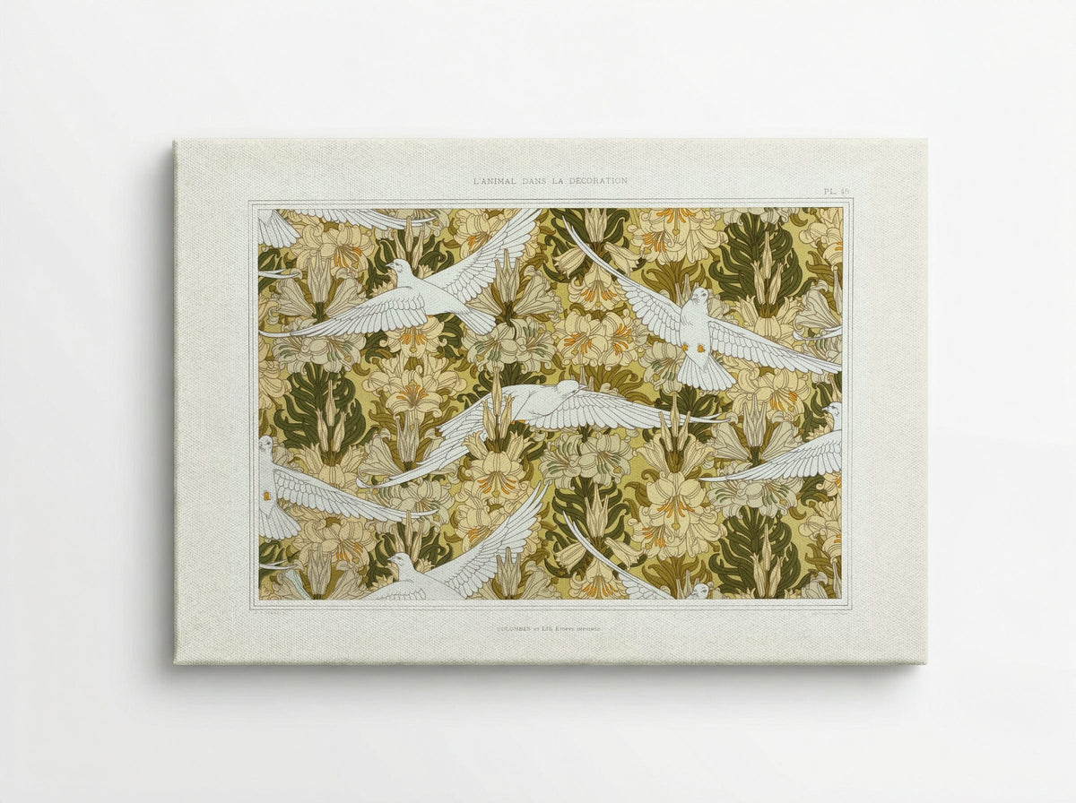 Colombes et Lis, Étoffe Imprimée (Doves and Lilies, Printed Fabric) - Maurice Pillard Verneuil - Canvas