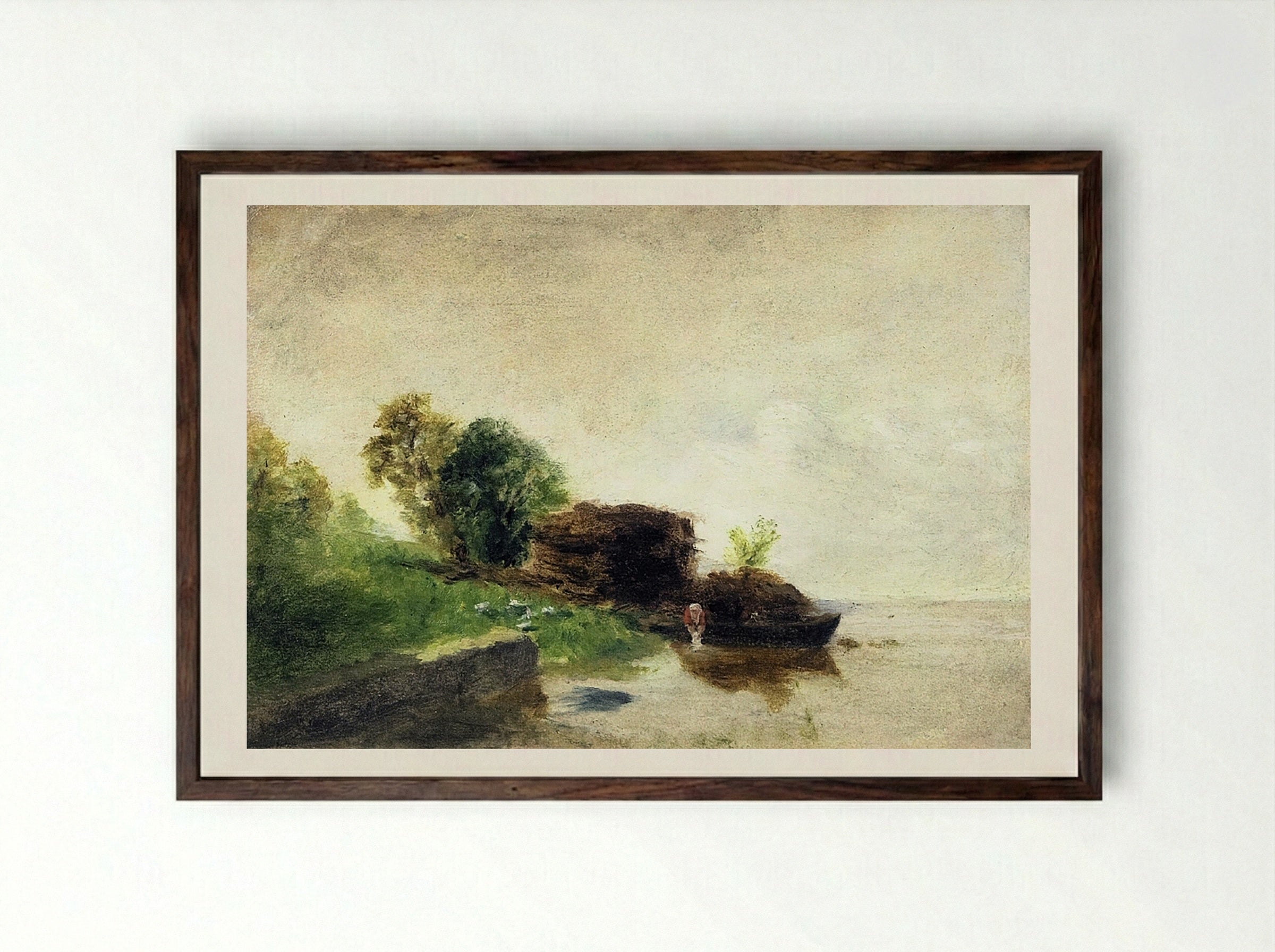 Laundress on the Banks of the River - Fine Art Print - Framed Print Dark Wood