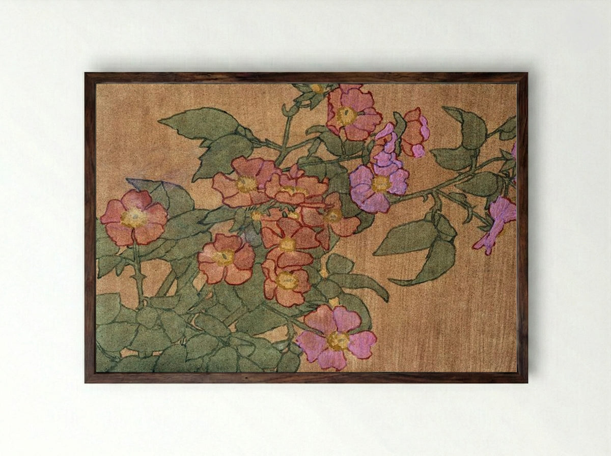Pink Roses on Terracotta Colour Ground - Hannah Borger Overbeck - Framed Print Dark Wood
