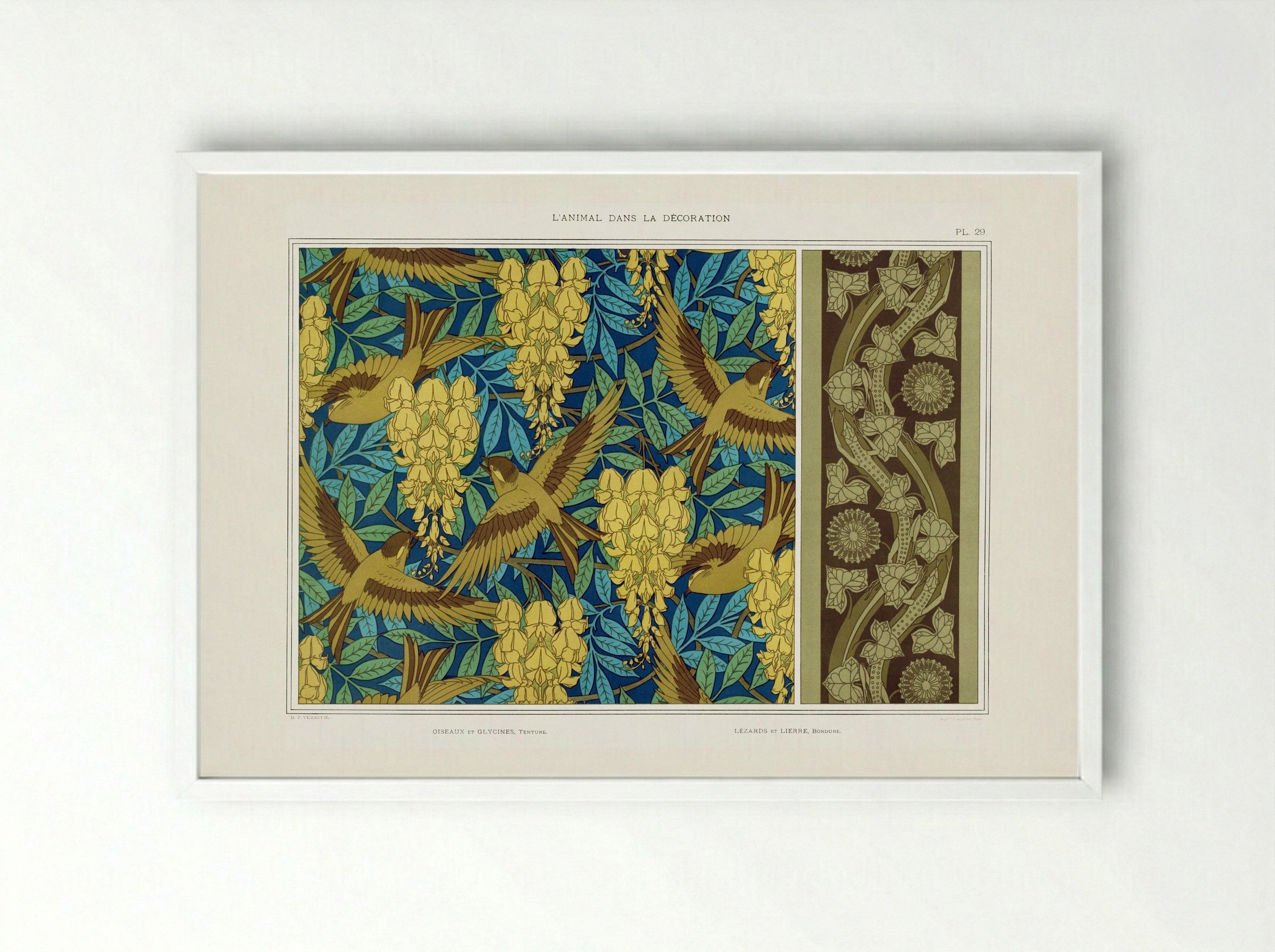Oiseaux et Glycines, Tenture; Lézards et Lierre, Bordure - Maurice Pillard Verneuil - Framed Print White