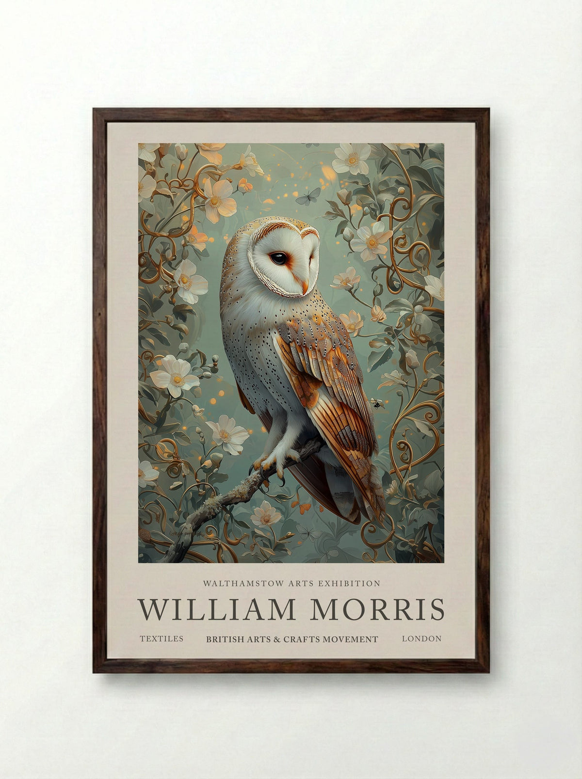 Barn Owl Whispering Wings - William Morris - Framed Print Dark Wood