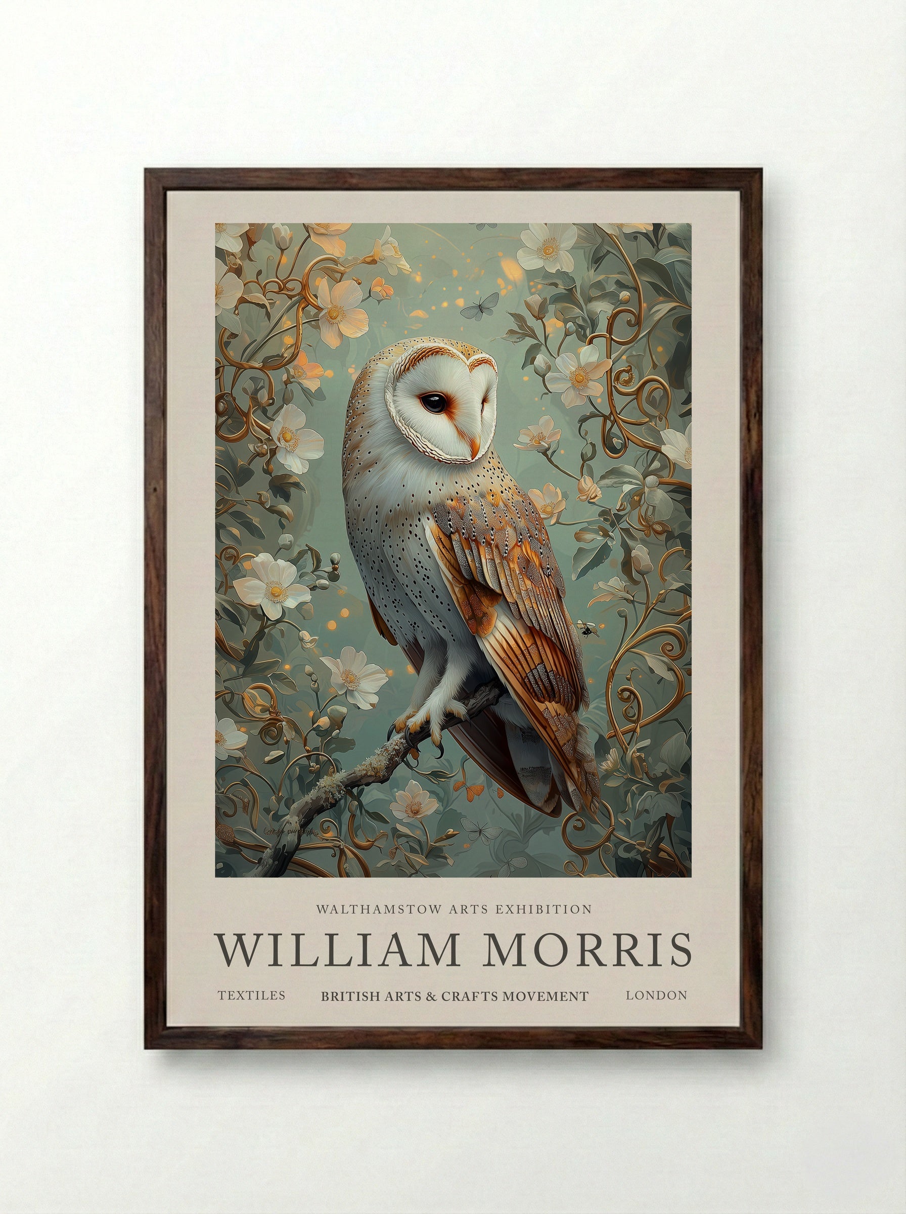 Barn Owl Whispering Wings - William Morris - Framed Print Dark Wood