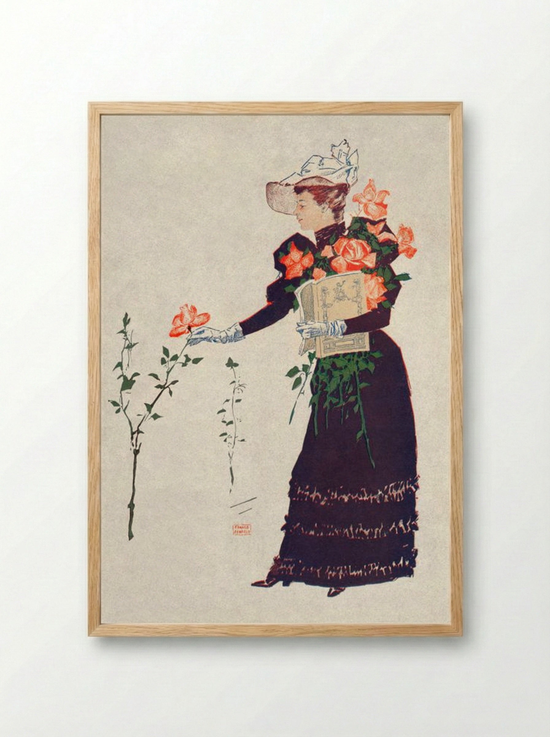 Woman Picking Up Flowers - Edward Penfield - Framed Print Wood