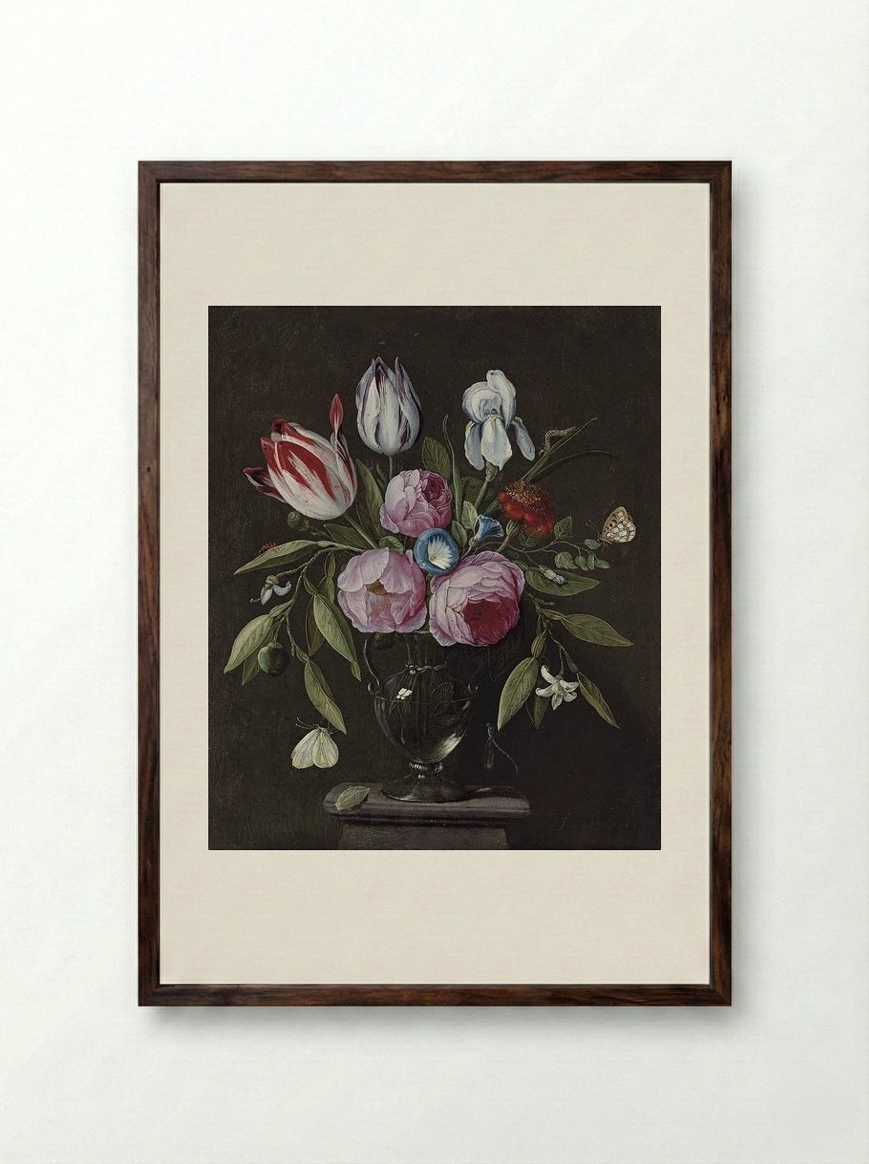 Roses, tulips, an iris and other flowers, in a glass vase on a stone plinth, with butterflies and other insects - Jan van Kessel the Elder - Framed Print Dark Wood