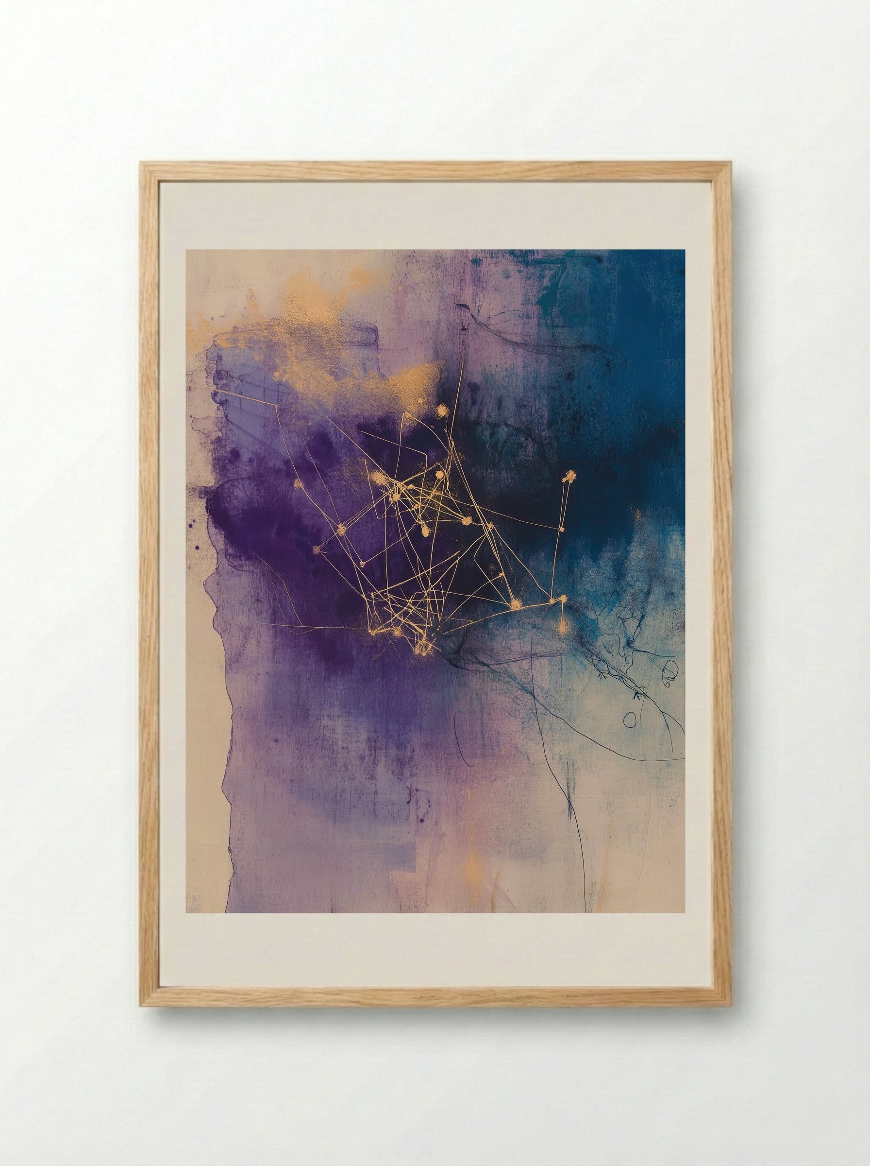 Celestial Threads – Abstract Cosmic Network in Gold and Violet - Framed Print Wood