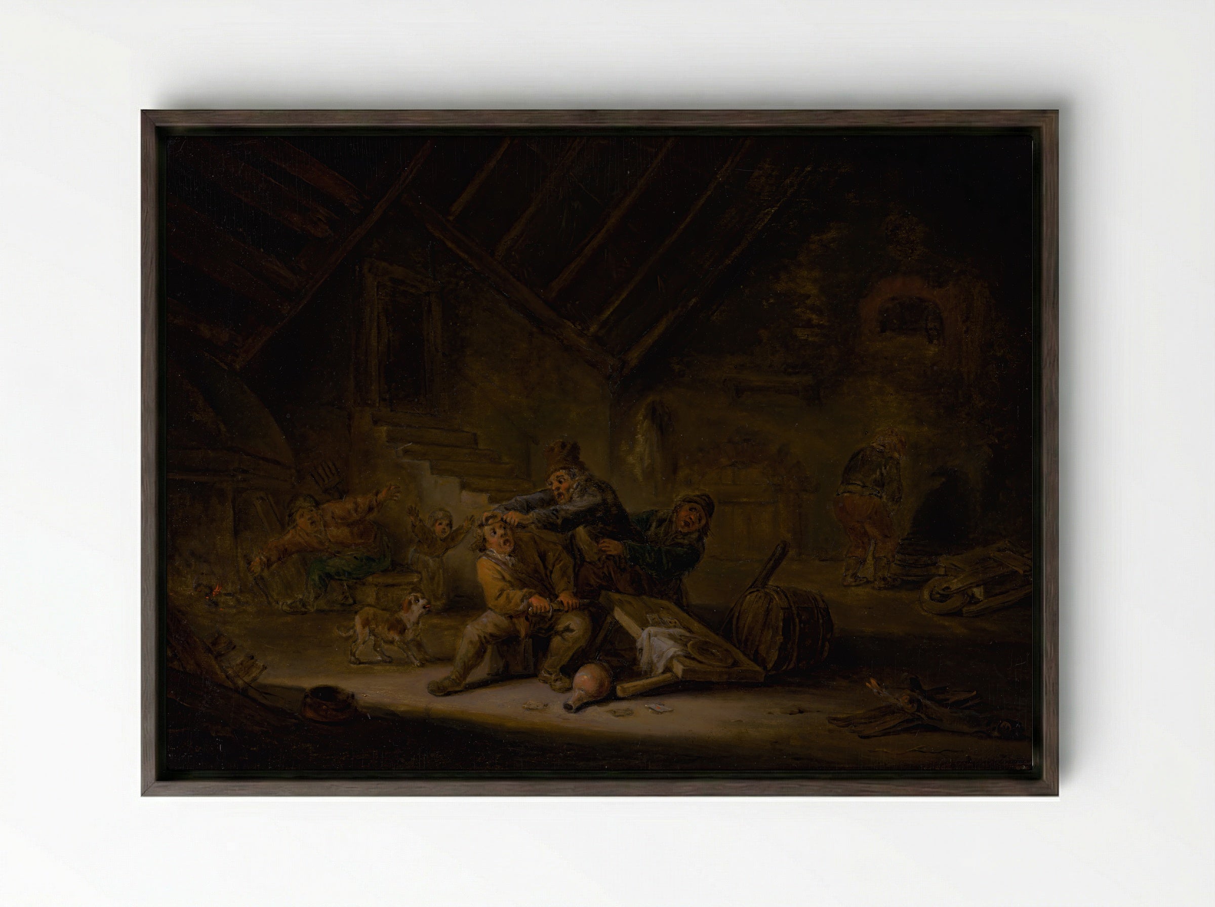 Card Players Fighting in a Tavern - David Teniers the Younger - Framed Canvas Dark Wood