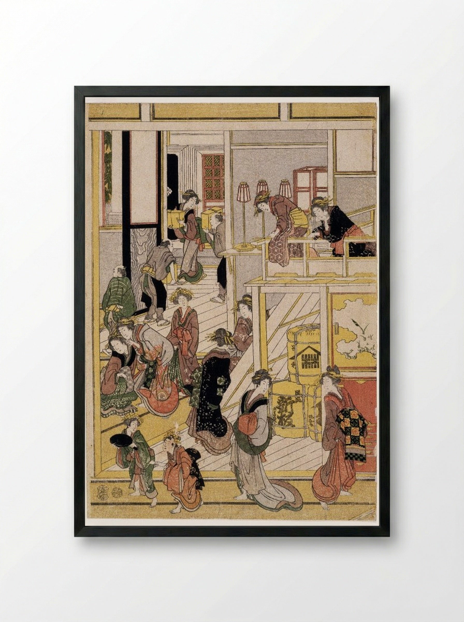 New Year's Days of the Teahouse Ogi-ya - Utagawa Toyokuni I - Framed Print Black