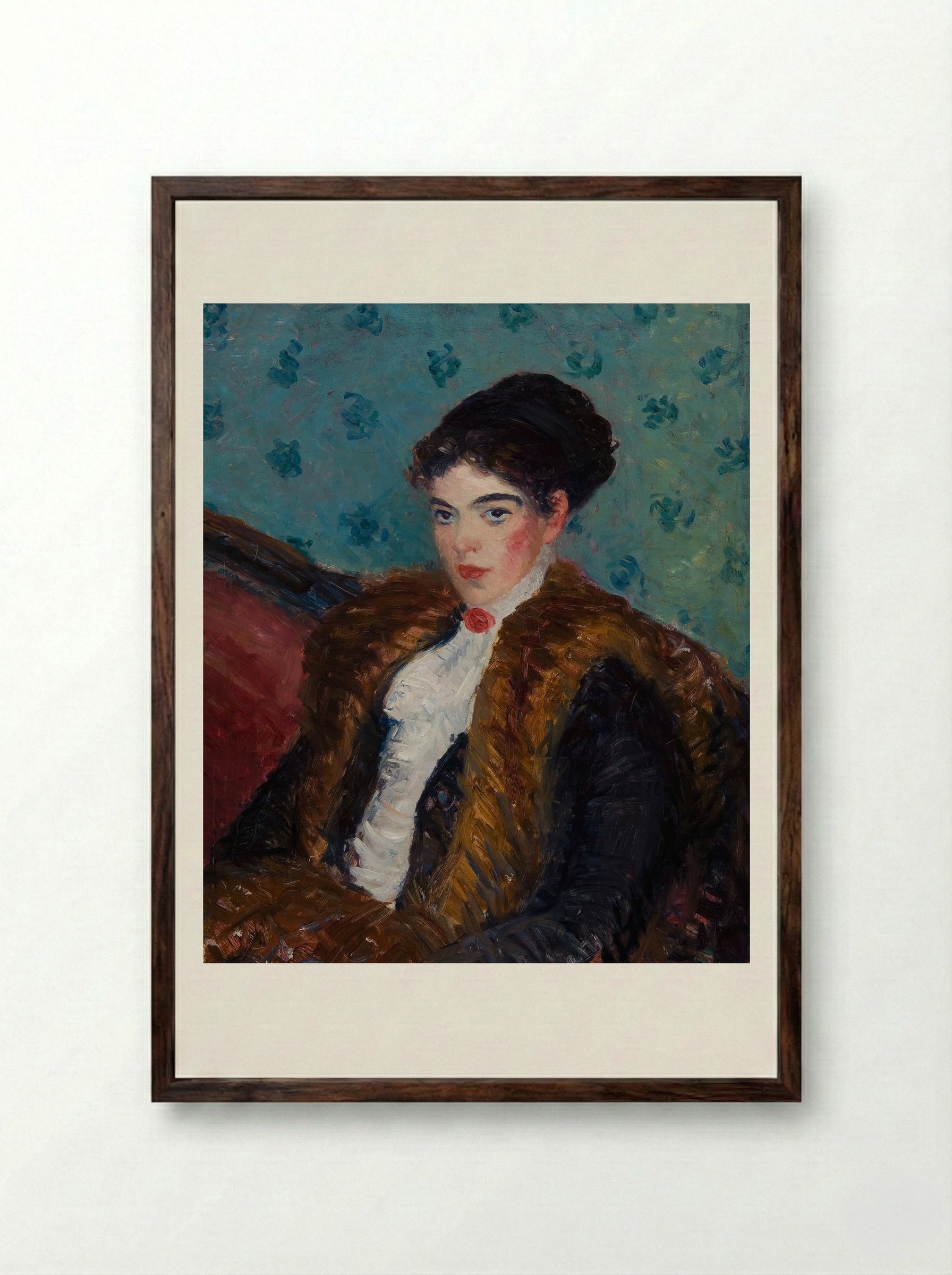 Girl with Fox Furs - William James Glackens - Framed Print Dark Wood