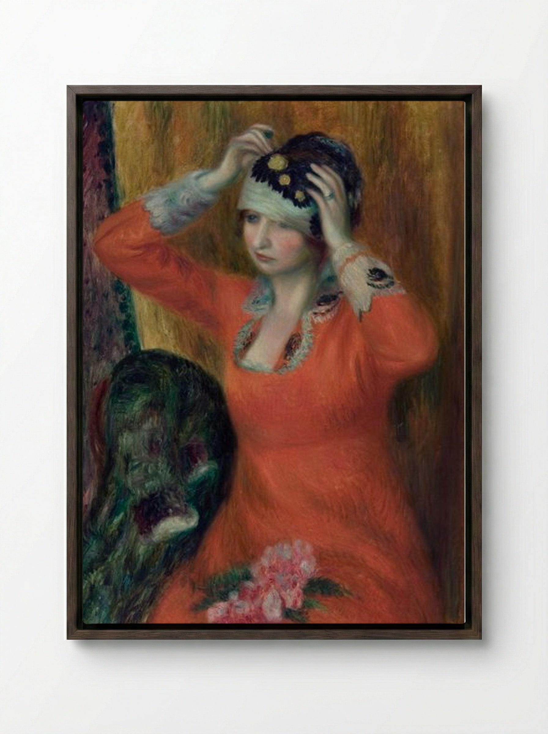 Girl in Red Dress Pinning on Hat - William James Glackens - Framed Canvas Dark Wood