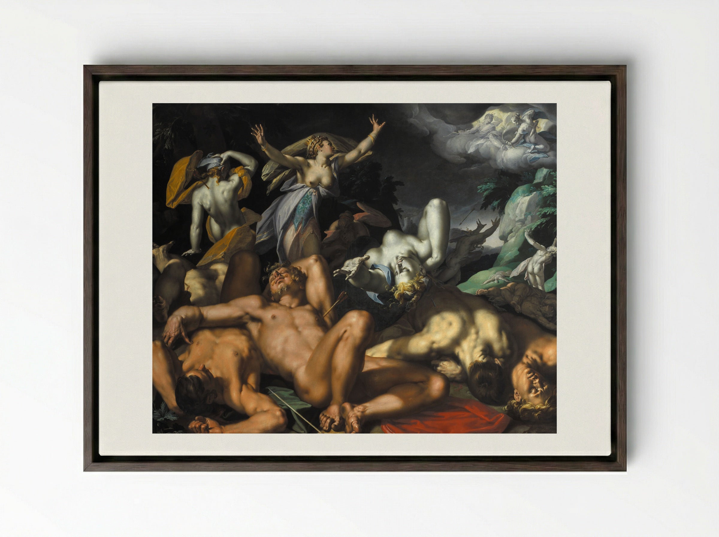 Apollo and Diana Punishing Niobe by Killing her Children - Abraham Bloemaert - Framed Canvas Dark Wood