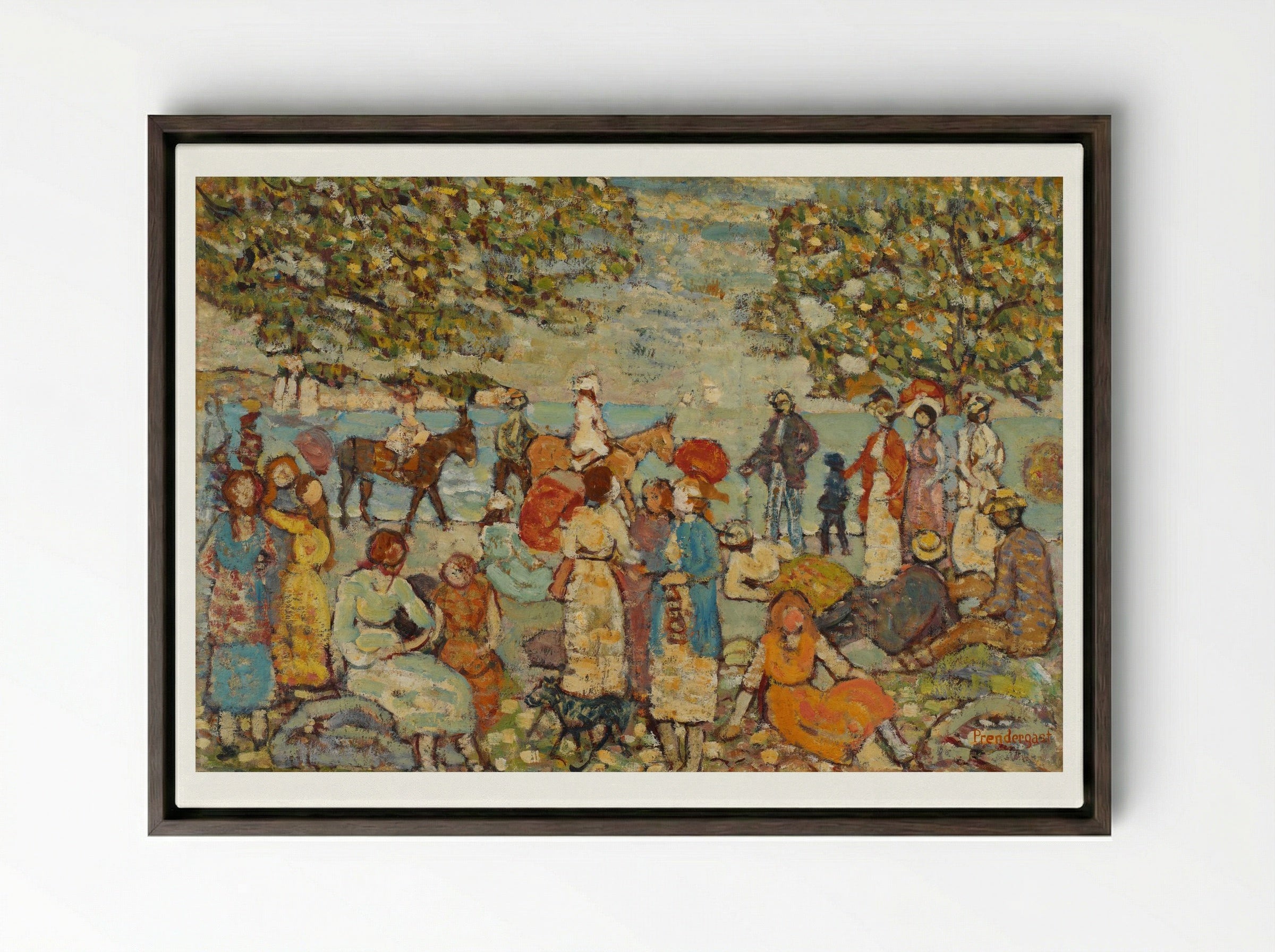 Beach Scene with Donkeys or Mules - Maurice Brazil Prendergast - Framed Canvas Dark Wood