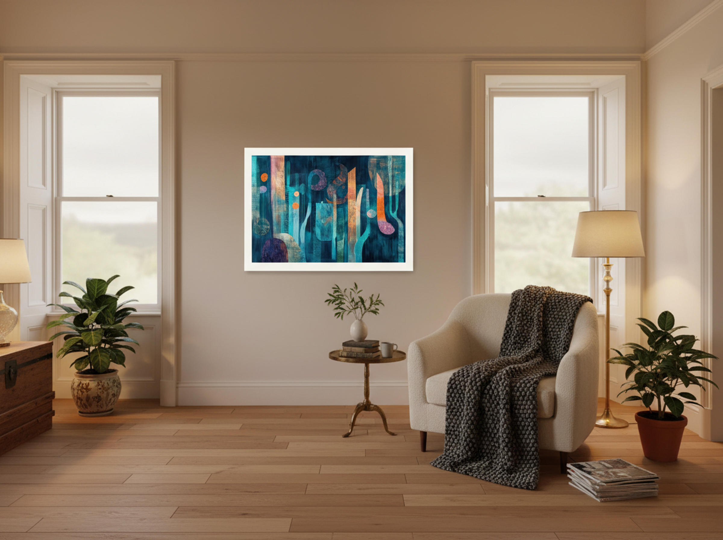 Deep Grove – Abstract Forest in Teal and Tangerine - Lifestyle