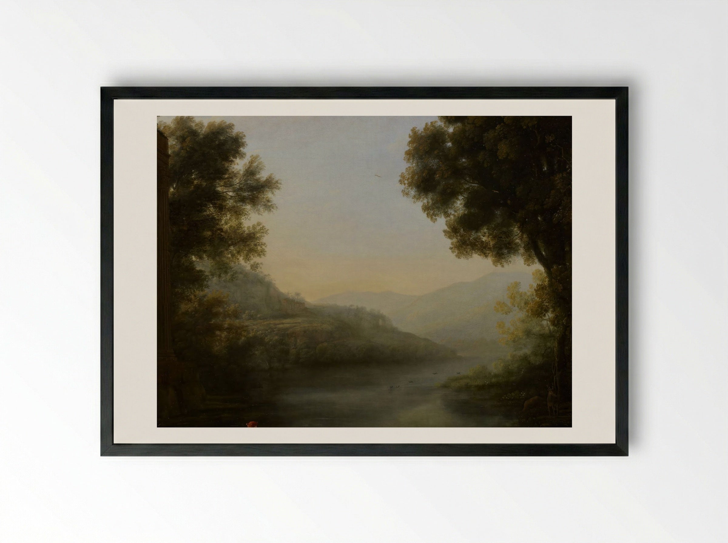 Two Goat Herders Seated on the Left Bank of a River Amidst Their Flock - Nicolaes Berchem - Framed Print Black