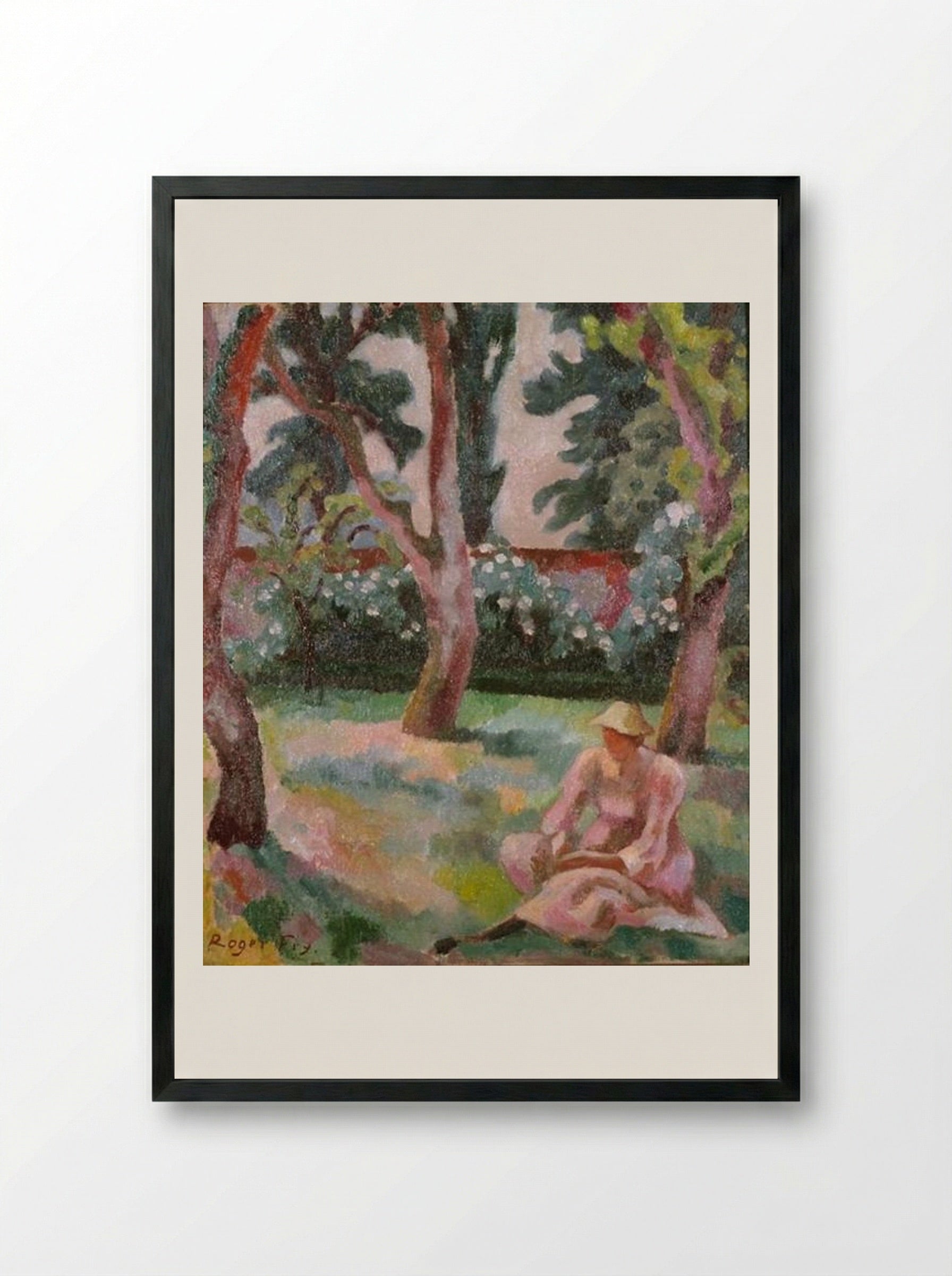 Orchard, Woman Seated in a Garden - Roger Fry - Framed Print Black