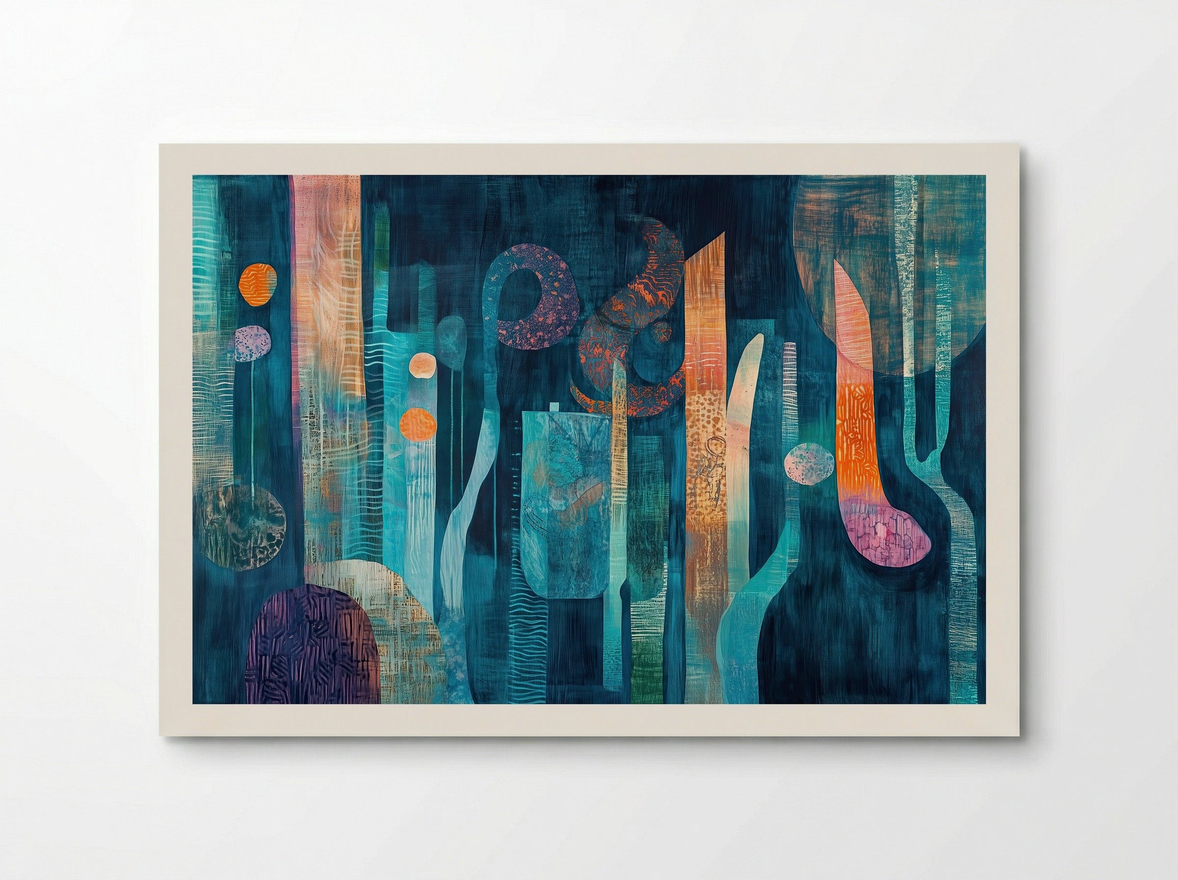 Deep Grove – Abstract Forest in Teal and Tangerine - Poster
