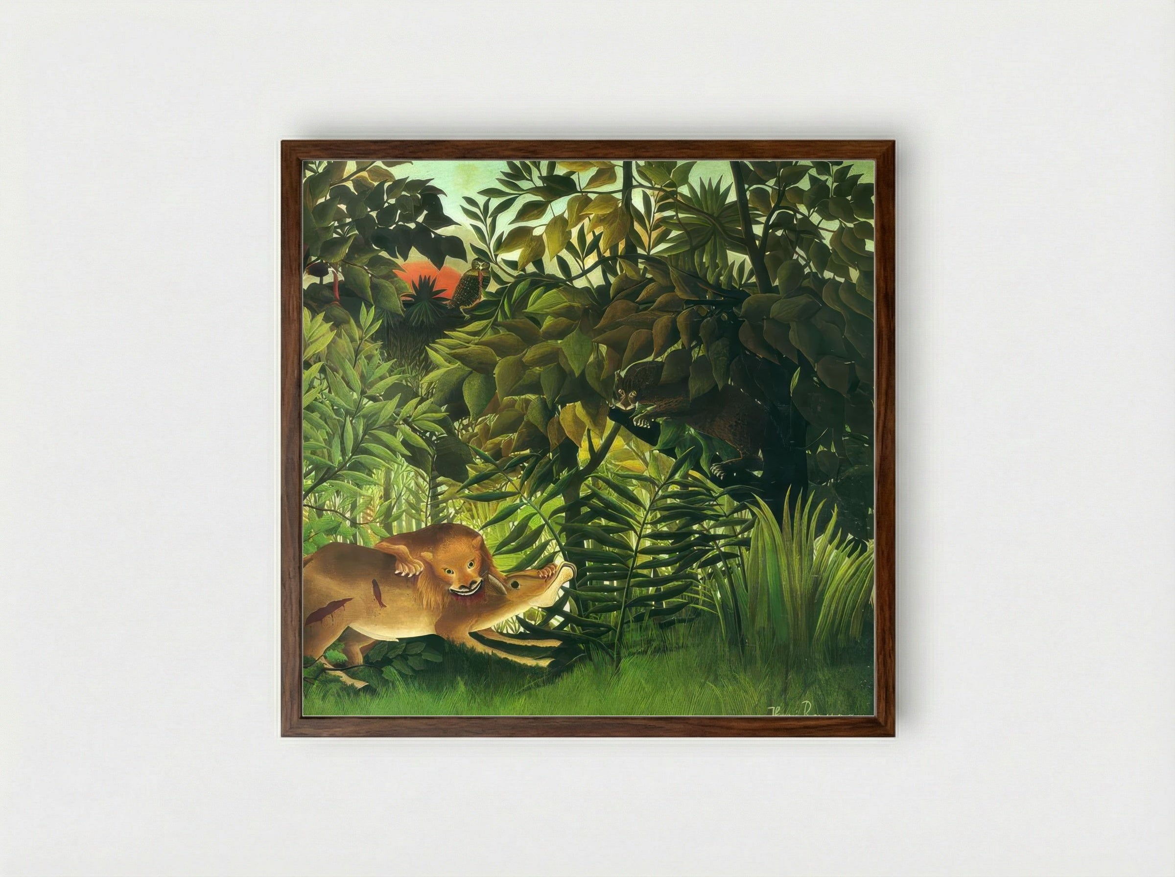 The Hungry Lion by Henri Rousseau – Jungle Wildlife Art Print - Framed Print Dark Wood