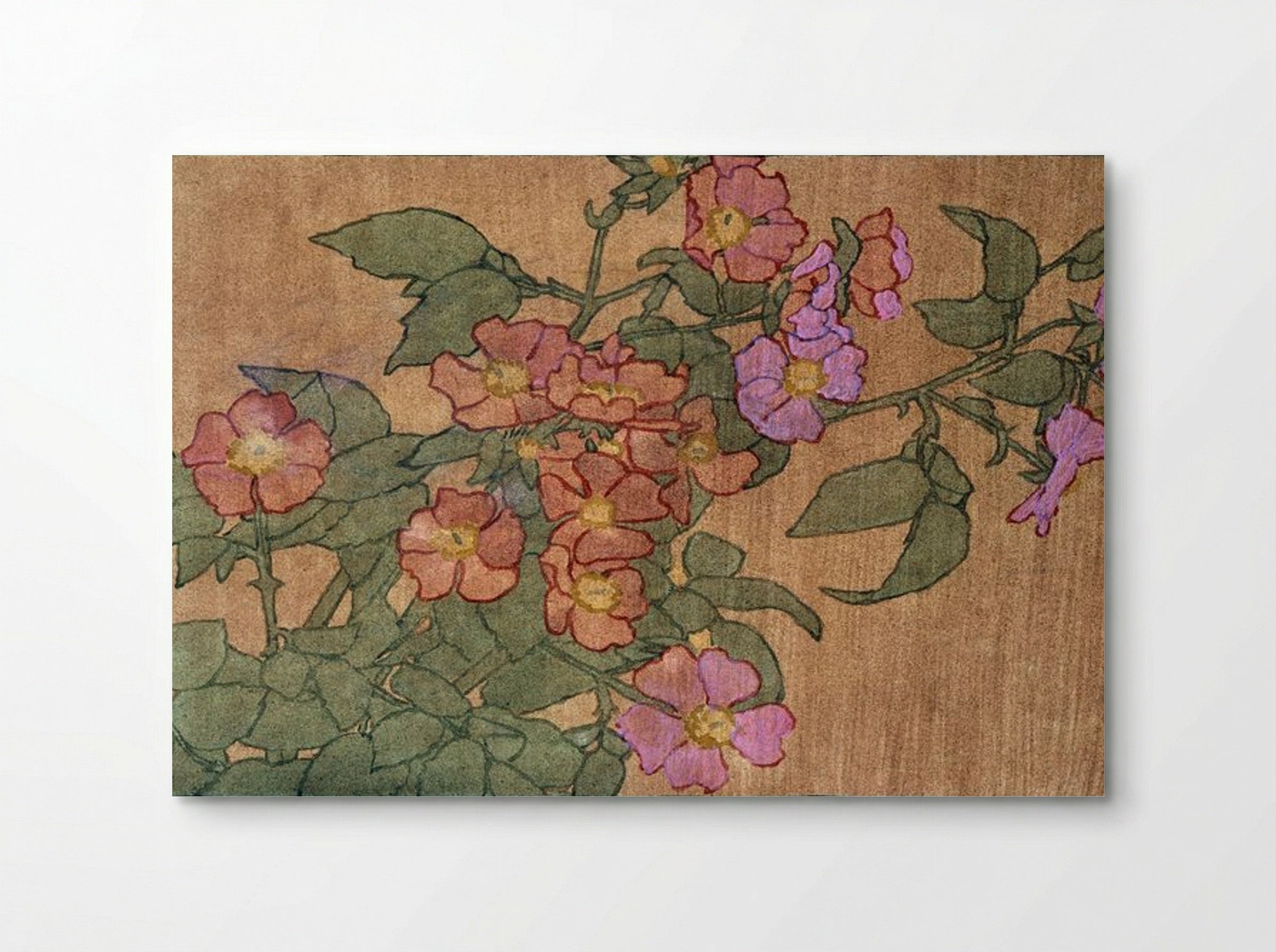 Pink Roses on Terracotta Colour Ground - Hannah Borger Overbeck - Poster