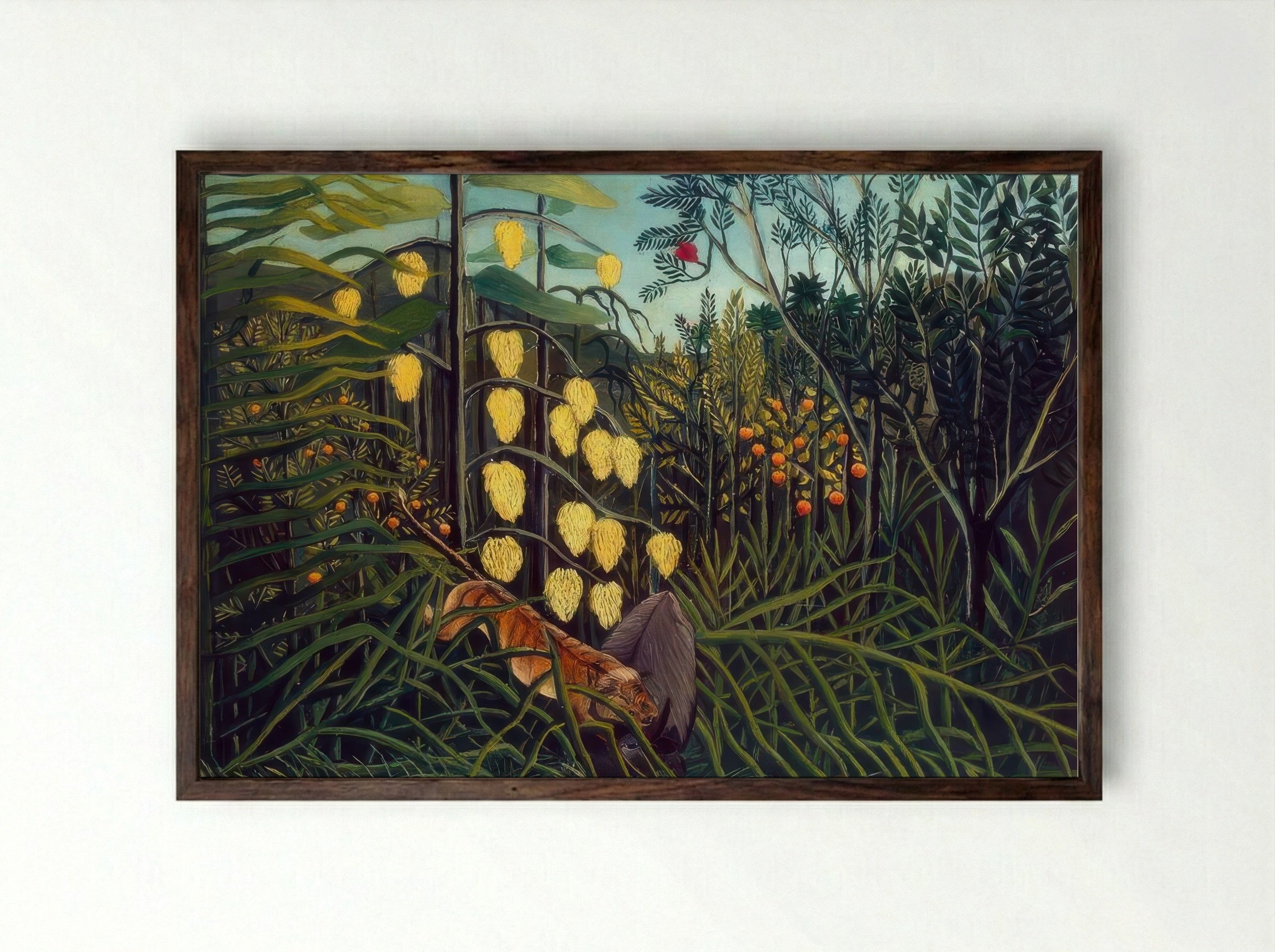 Tropical Forest with Battling Tiger and Buffalo by Henri Rousseau – Naïve Art Jungle Wildlife Print - Framed Print Dark Wood