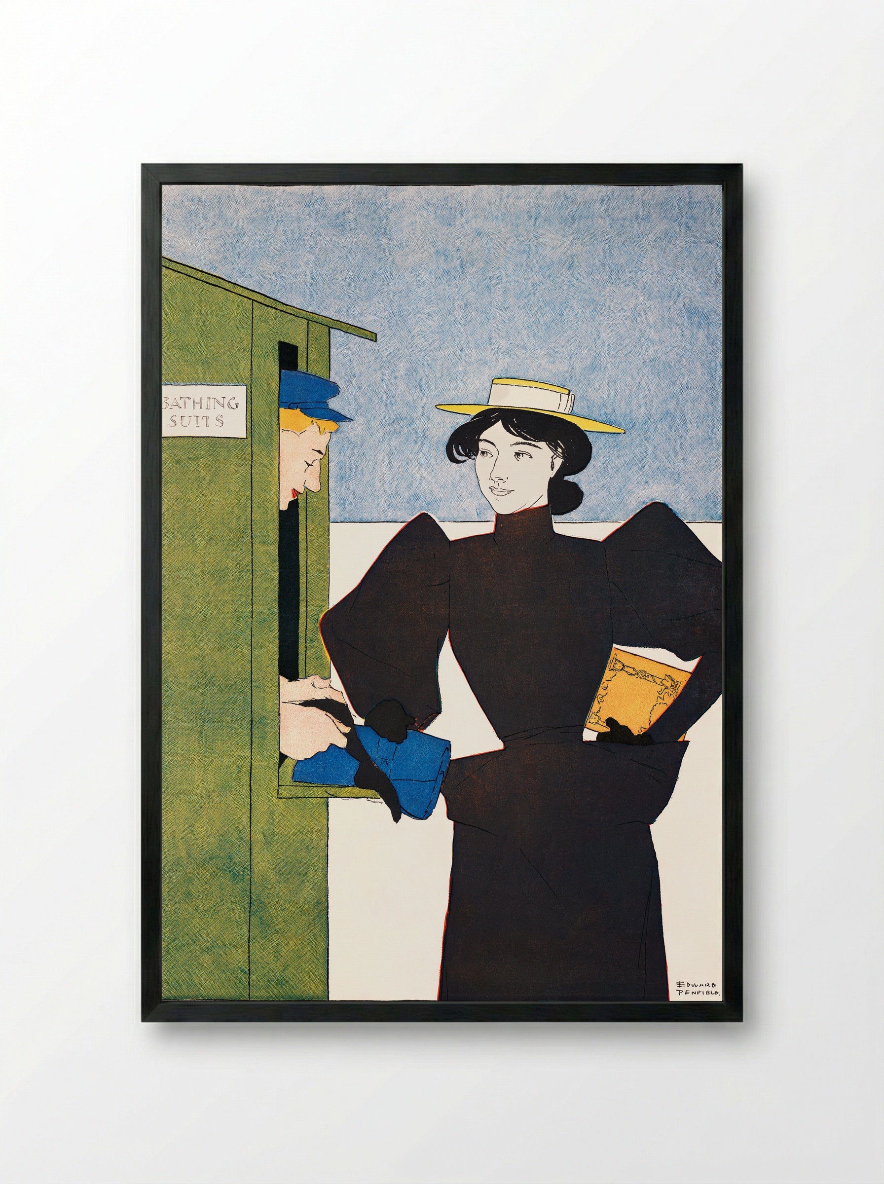 Woman Picking Up Bathing Suits - Edward Penfield - Framed Print Black
