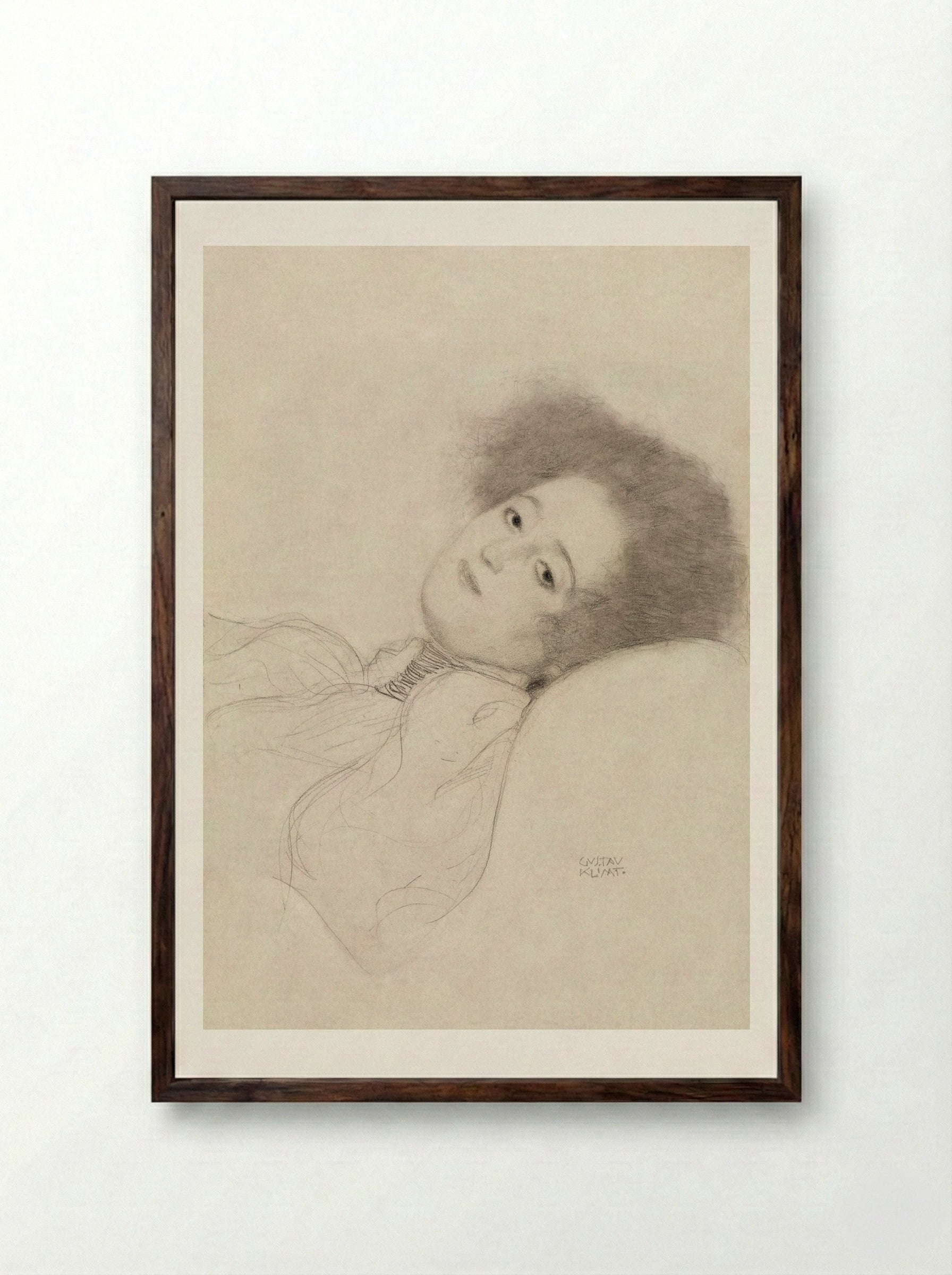 Portrait of a Young Woman Reclining - Gustav Klimt - Framed Print Dark Wood