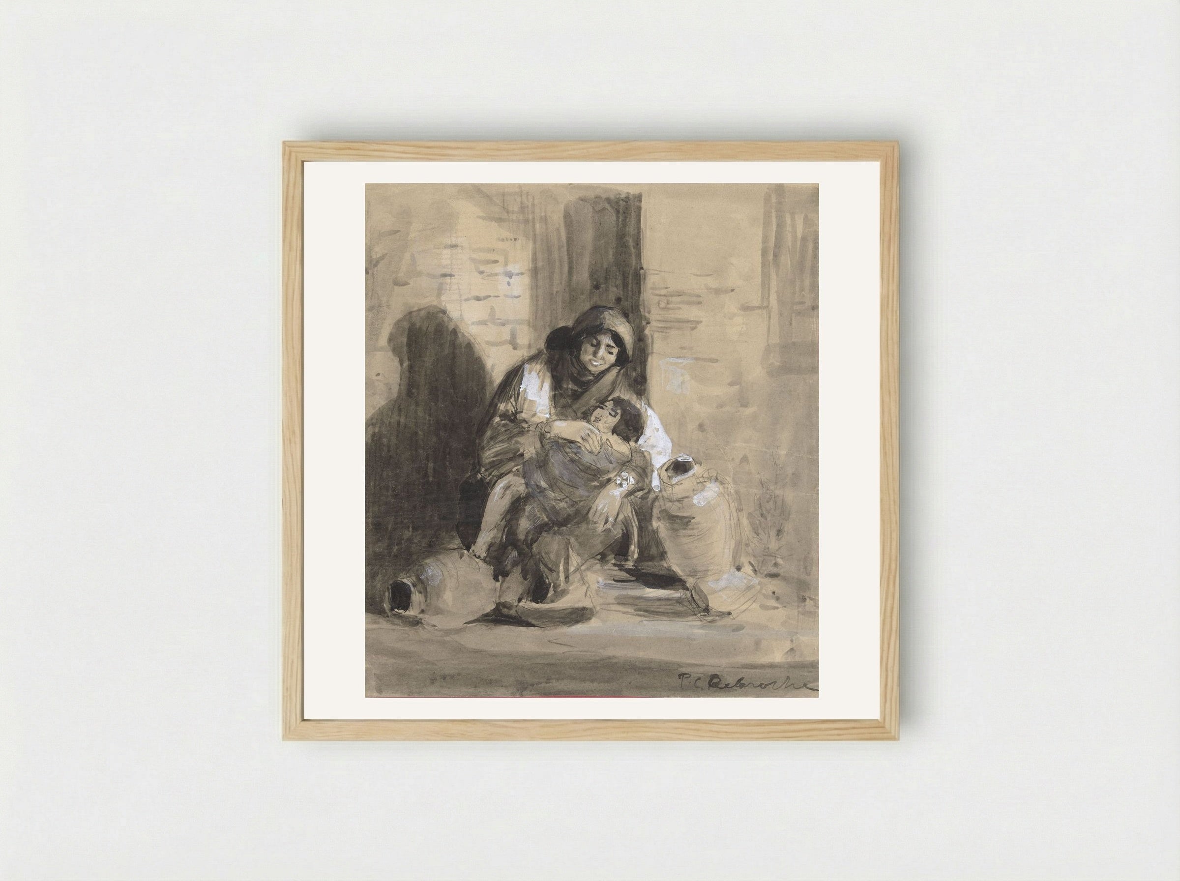 Seated Jewish Woman from Gaza, with her Child and Two Large Pitchers - Paul Delaroche - Framed Print Wood