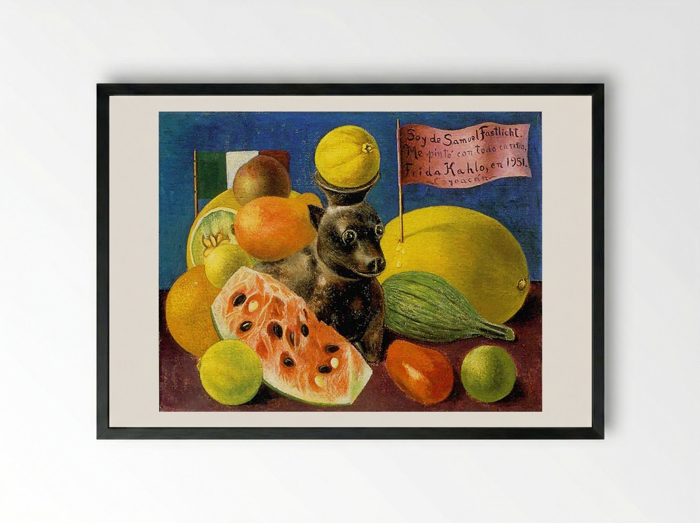 Still Life with Dog (Self-Portrait Dedicated to Samuel Fastlicht) - Frida Kahlo - Framed Print Black