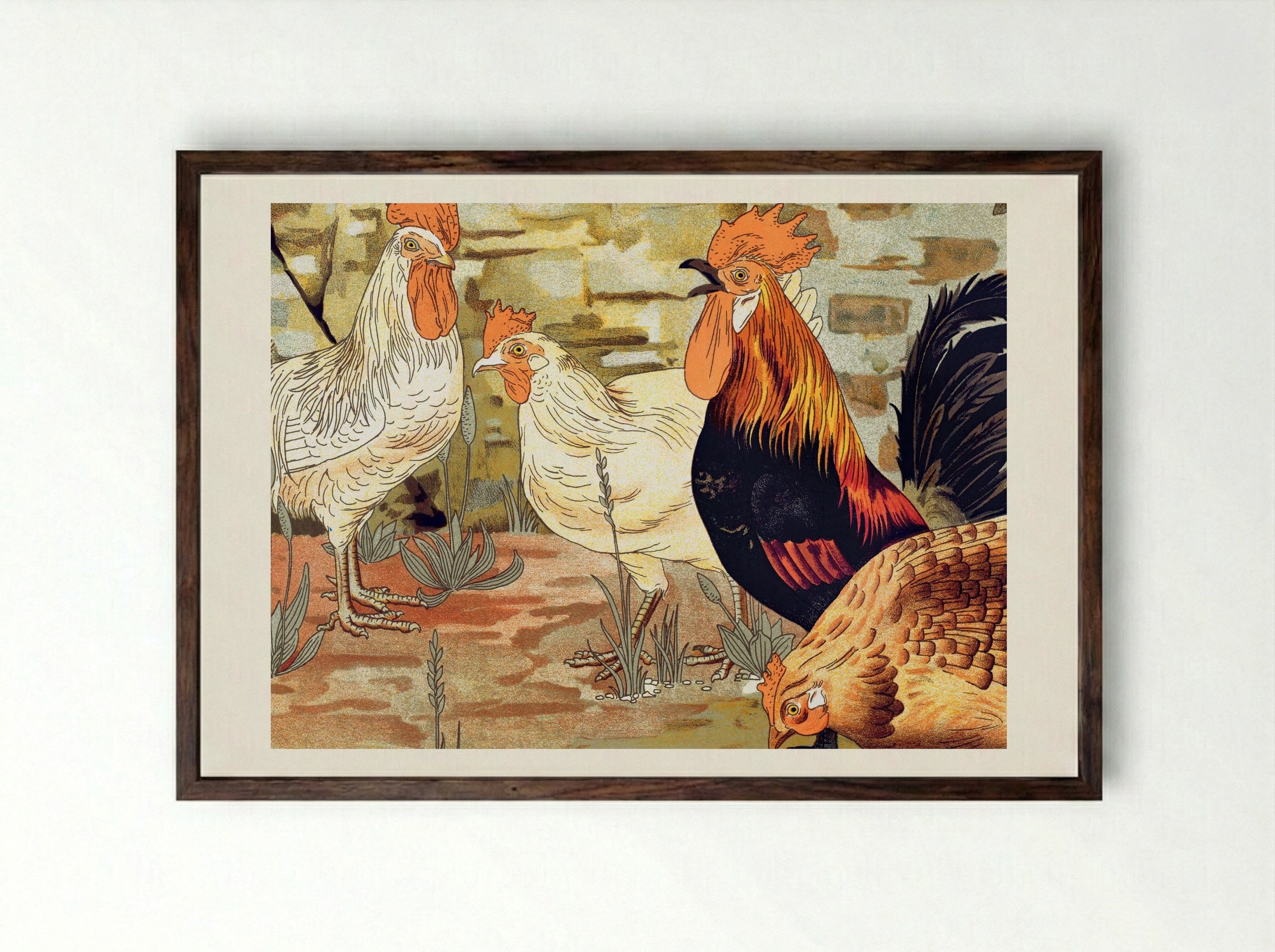 Coqs et Poules (From L'animal dans la décoration) - Maurice Pillard Verneuil - Framed Print Dark Wood
